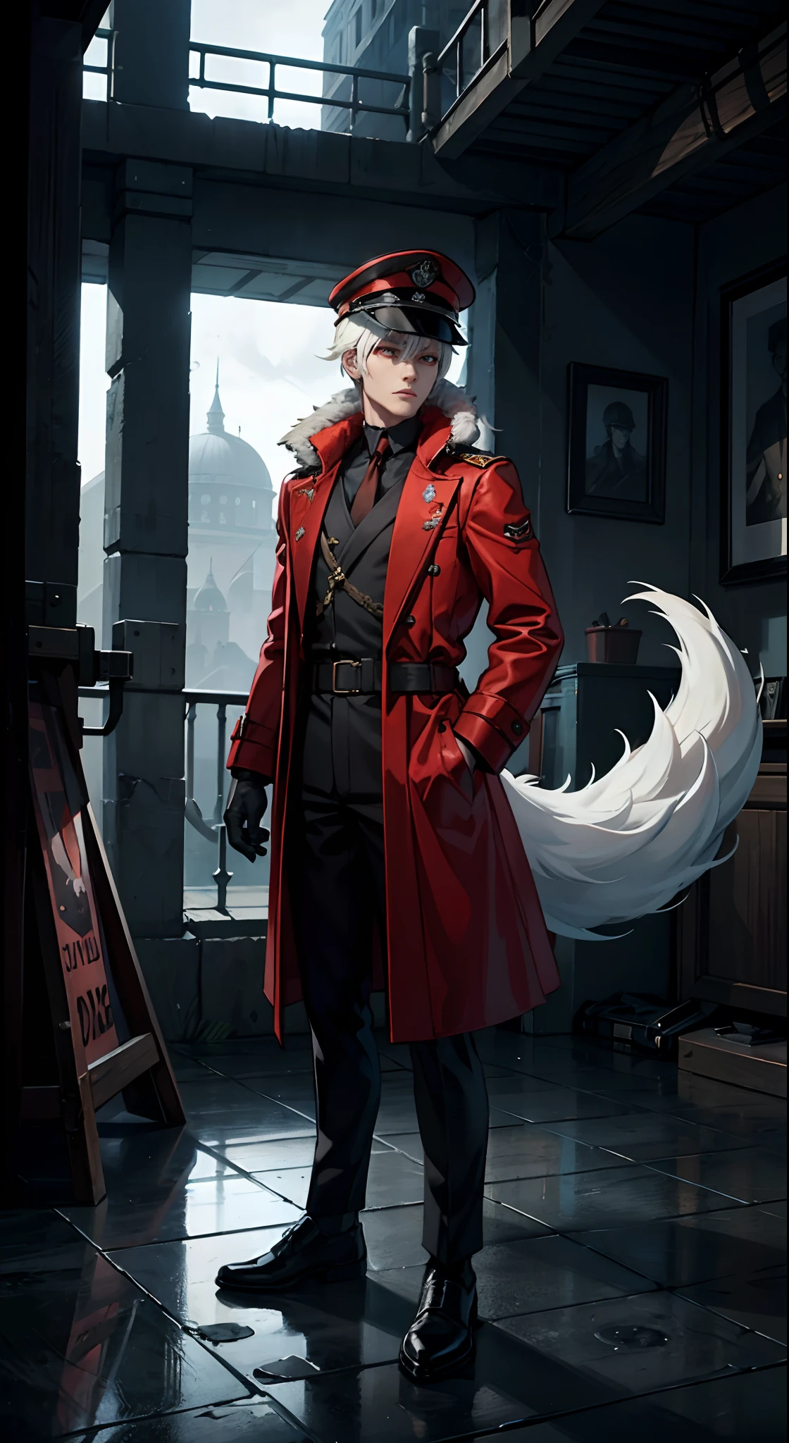 1boy, white hair, red eyes, black coat, young, military capped hat, wolf ears, wolf tail, full body view, dark atmosphere, ultra masterpiece, hd