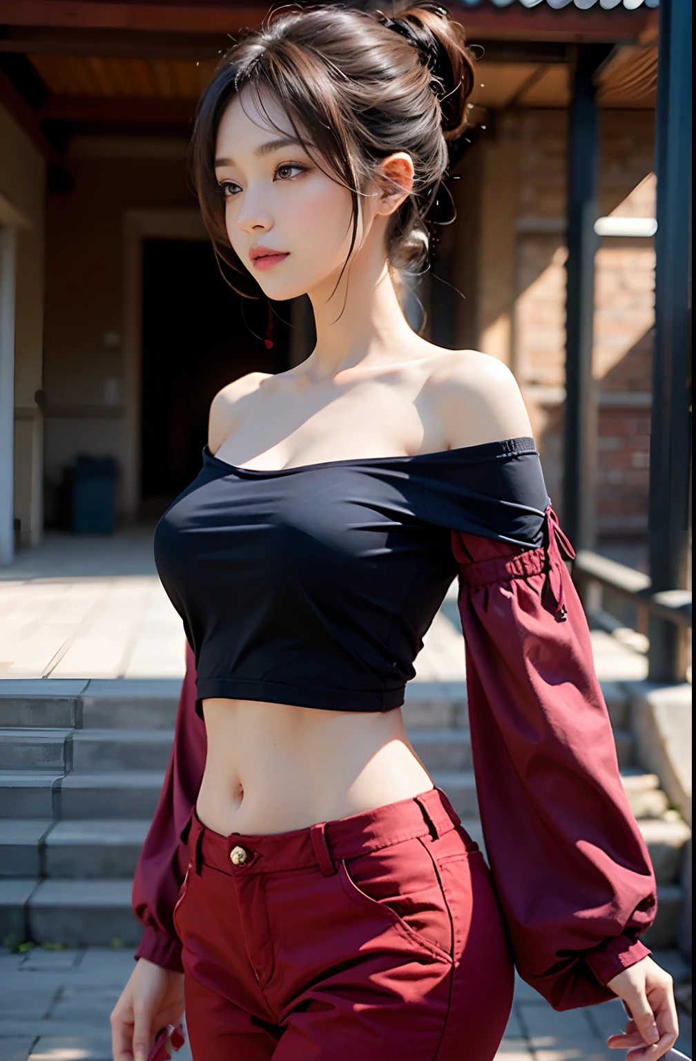 best qualtiy，sface focus，Look at the audience head-on，the soft light，（depth of fields），超高分辨率，（Photorealsitic：1.4），RAW photos，Bigchest，Red clothes，Open navel，Bare shoulders，By bangs，Long ponytail hairstyle，（sportrait：1.4），（From the front side）1girll，独奏，adolable，（Shy，ssmile：1.1），（with brown eye），Detailed beautiful face，（mid day_Hair）， moon in the night，Walk，（off-the-shoulder shirts），