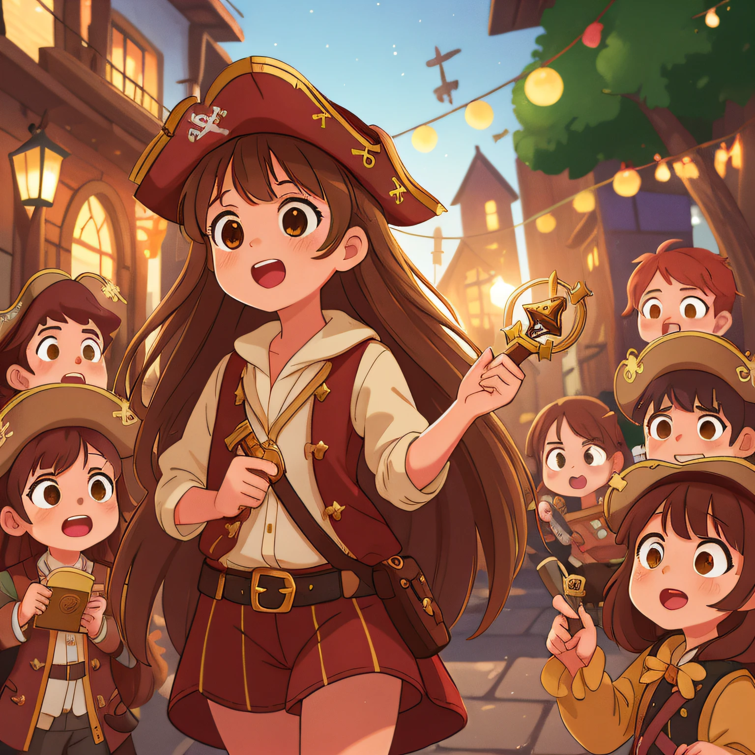 (best quality, high quality:1.3), CG, dramatic lighting, highly detailed, bokeh, lily, long brown hair, cute  girl dressed in daring pirate costume, holding an award, surrounded by several kid friendsaring costumes in the town square