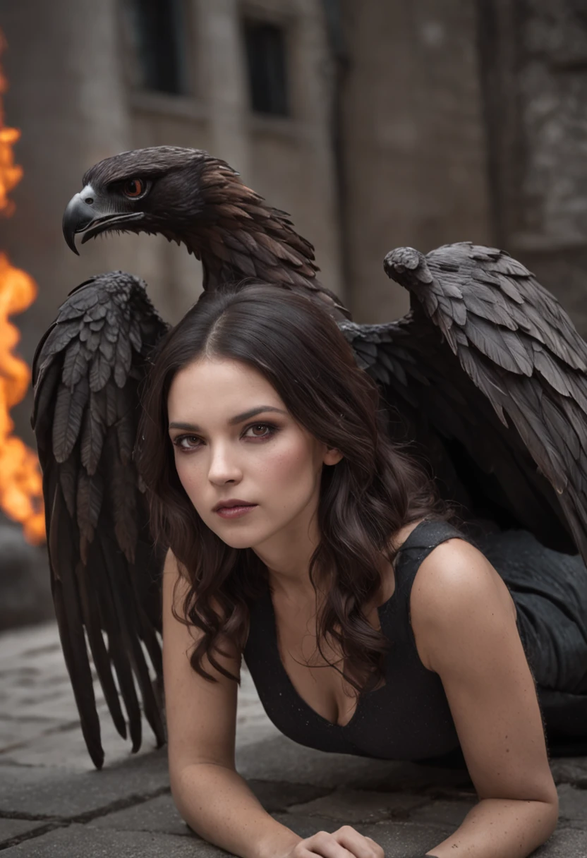 mejor calidad, obra maestra, ultra-high-resolution, (realistic photograph:1.4), surrealismo, Similar to a dream,FusionArt, Female evil fallen angel with huge wings of fire lying on the ground, in an apocalyptic city in flames, staring at the camera, Magia de sombras, Control de la oscuridad, secreto, Paso de sombra, Hechizos fronterizos, Cuchilla oculta,
