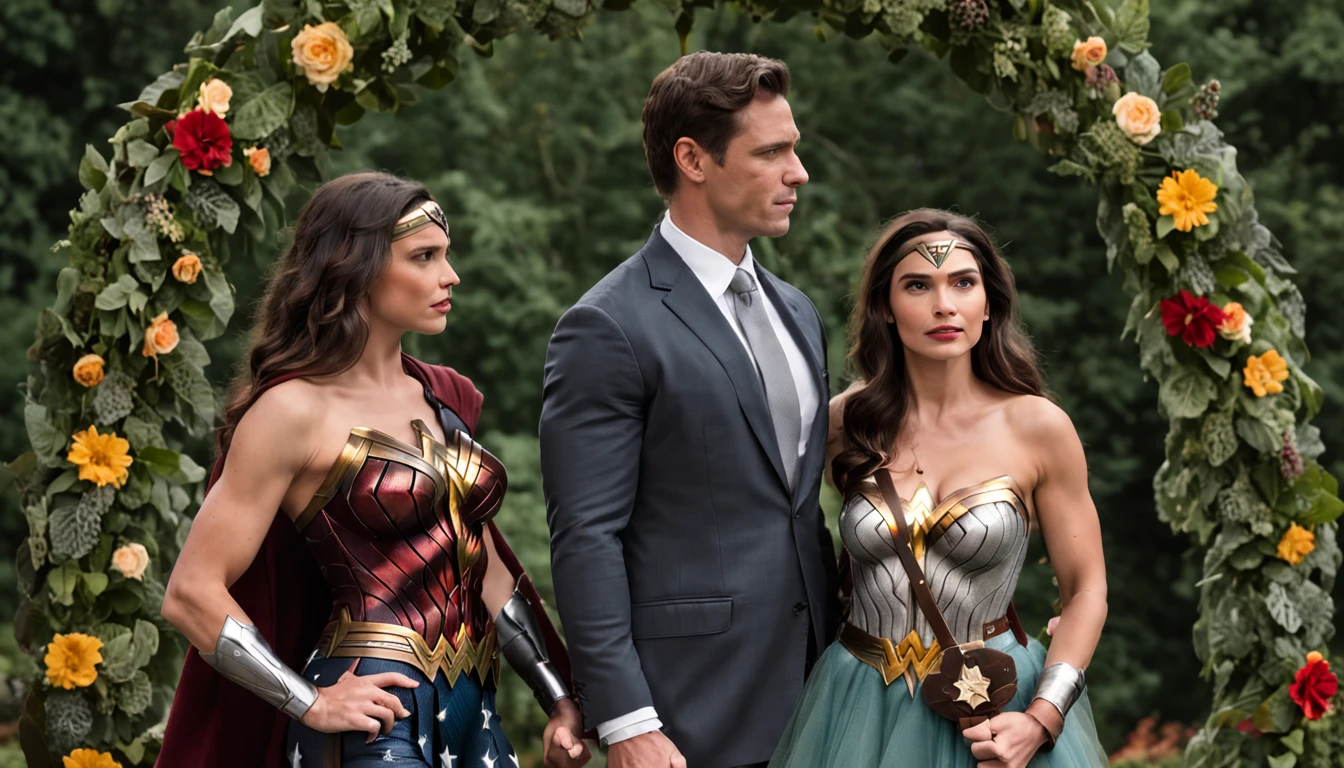 The Incredible Hulk and Wonder Woman's Wedding, the two towering figures stand under a grand floral arch, Hulk's green skin contrasting with Wonder Woman's vibrant armor, surrounded by a lush garden filled with mythical creatures, radiating an atmosphere of love and celebration, Illustration, watercolor and ink on paper,