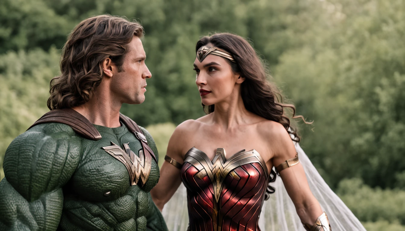 The Incredible Hulk and Wonder Woman's Wedding, the two towering figures stand under a grand floral arch, Hulk's green skin contrasting with Wonder Woman's vibrant armor, surrounded by a lush garden filled with mythical creatures, radiating an atmosphere of love and celebration, Illustration, watercolor and ink on paper,