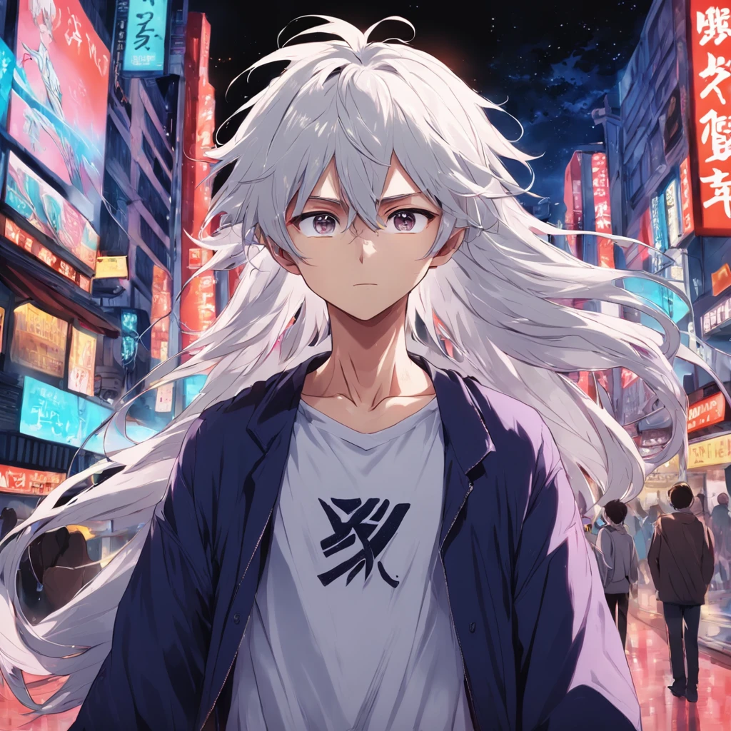 1 boy, platinum hair, wavy hair, baggy clothes