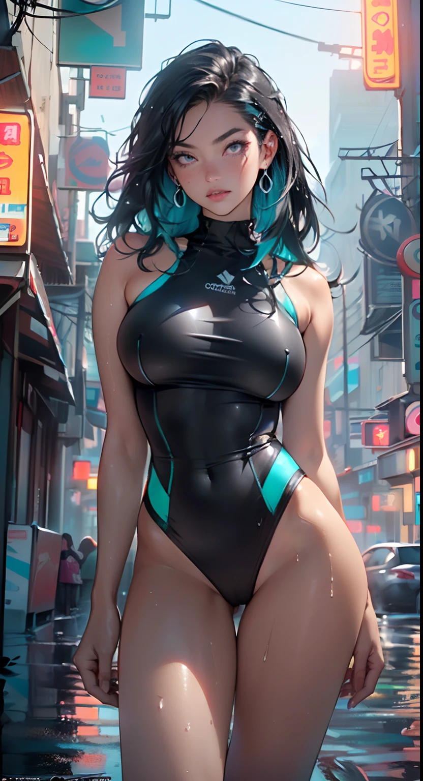 sporty girl with Asian features,(((1girl))),((girl with dark hair and turquoise highlights,)),

(large breasts:1.4),saggy breasts,(((Black hair with turquoise streaks:1.35,straight hair,long hair:1.4,colored inner hair,ear breathing))),((heterochromia:1.5,eye1 blue,eye2 turquoise,perfect eyes,upturned eyes:1.3,beautiful detailed eyes,finely detailed beautiful eyes:1,big highlight on eyes:1.2,slanted eyes)),((fat)),(((lustrous skin:1.5,bright skin: 1.5,skin tanned,shiny skin,very shiny skin,shiny body,plastic glitter skin,exaggerated shiny skin,illuminated skin, wet legs))),(spider lower abdomen,narrow waist,wide hip,athletic body,inflated legs,delicate detailed fingers,detailed body,detailed arms,human hands,(detailed face)),

cute,slutty,seductive,erotic,(((nsfw))),

((one-piece_swimsuit magenta,wearing a one-piece_swimsuit outfit:1.3,magenta swimsuit:1.3)),((wet clothes,detailed outfit,detailed clothes)),

(dynamic pose:1.0),embarrassed,(centered,scale to fit dimensions,Rule of thirds),

((((cyberpunk city by the ocean,huge buildings,neon signs,puddles)))),stormy sky,threatening sky,dark clouds,((synthwave background theme,detailed background : 1.25)),((((night,nice lighting decorations,detailed architecture)))),

(best quality,high resolution,sharp focus,ultra detailed,extremely detailed,extremely high quality artwork,(realistic,photorealistic:1.37),8k_wallpaper,(extremely detailed CG 8k),(very fine 8K CG),((hyper super ultra detailed perfect piece)),flawless,(((masterpiece))),illustration,vibrant colors,(intricate),High contrast,Selective lighting,Double exposure,HDR (High Dynamic Range),Post-processing,Background blur,