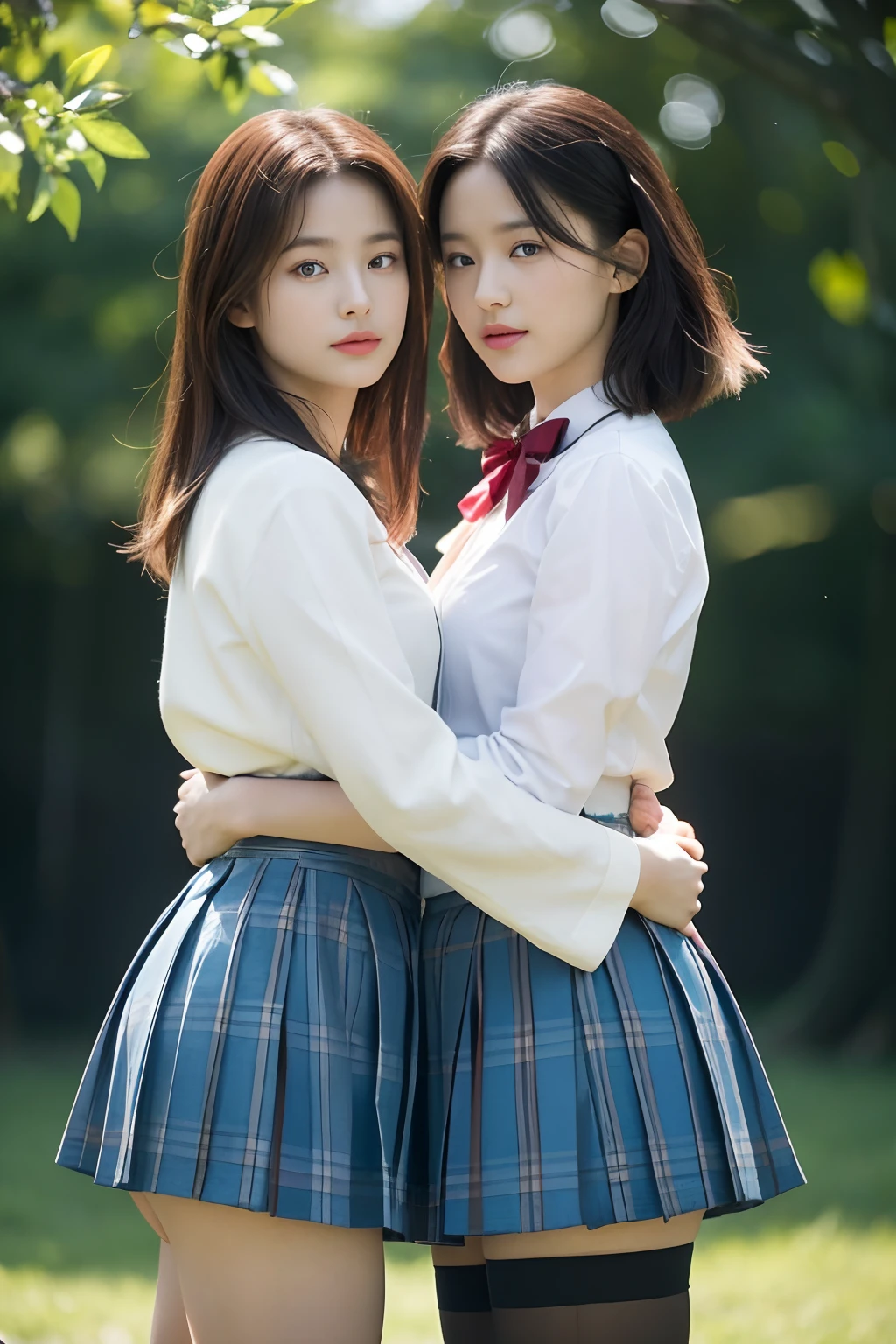 primitive, (((Two girls,duo,caressing the))),Nikon Z 85mm, award-winning glamorous photography,((Best quality)), ((Masterpiece)), ((Realistic)), "Beautiful female characters in anime style,Short blue hair、eBlue eyes、A smile、blazers、White shirt、red bowtie、red plaid skirt、Figures in black stockings、Bouquet in hand、Scene of dancing in the summer garden。With high-quality depictions and the highest quality、emphasizing thighs、In the bright sun、The whole body glows、Paint a gorgeous picture." ((freckle)), Intricate details, Highly detailed, Sharp focus, professional, 4K, divine rays, Hand model, stunning blue eyes, small, Delicate, Innocent, high resolution, Detailed facial features, High detail, Sharp focus, smooth, Aesthetic, Extremely detailed, Photorealistic, Realistic, Post-processing, Maximum detail, Roughness, Real life, Ultra photo realsisim, Photorealism, Photography, 8K UHD, Photography, light SEMI-SILHOUETTE, russian face