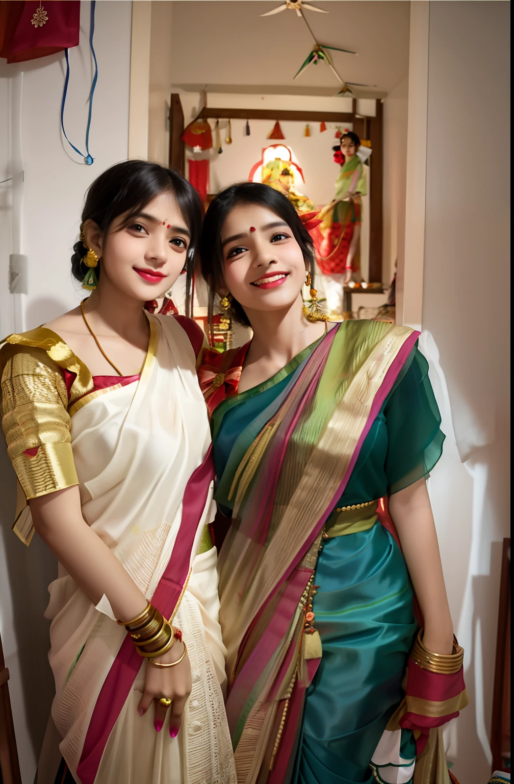 two women in saris posing for a picture in a room, assamese aesthetic, wearing bihu dress mekhela sador, wearing traditional garb, wearing jedi robes and a sari, wearing a sari, traditional makeup, wearing sari, dressed in a sari, assamese, sisters, blue colored traditional wear, wearing a steampunk sari, candid photograph