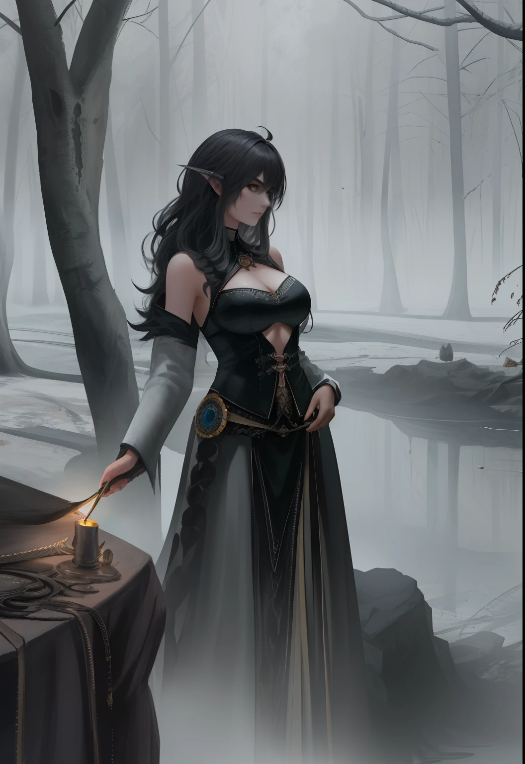 (Mist, magic energy), stream (Dark magic:1.2), Evil mage, The demons, illusory engine, concept-art, Delicate face, Cute eyes, voluminous and messy hair, Long fluffy hair, Black clothes, full bodyesbian, painting of a, absurd details, (big breasts and big breasts_Foxy:0.7), m_Phlegm sputum, phlegm, (big breasts and big breasts_landscape:0.7)Night watchman,male people