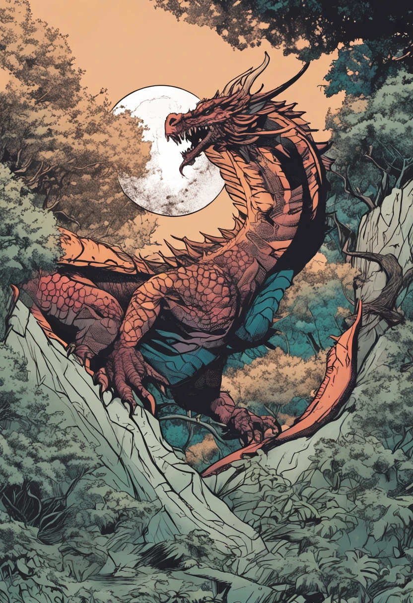 Dragon hidden in the shadows among the trees, floresta escura, as a panel of manga comics, Manga Drawing, Manga shading, 4k, desenho de terror