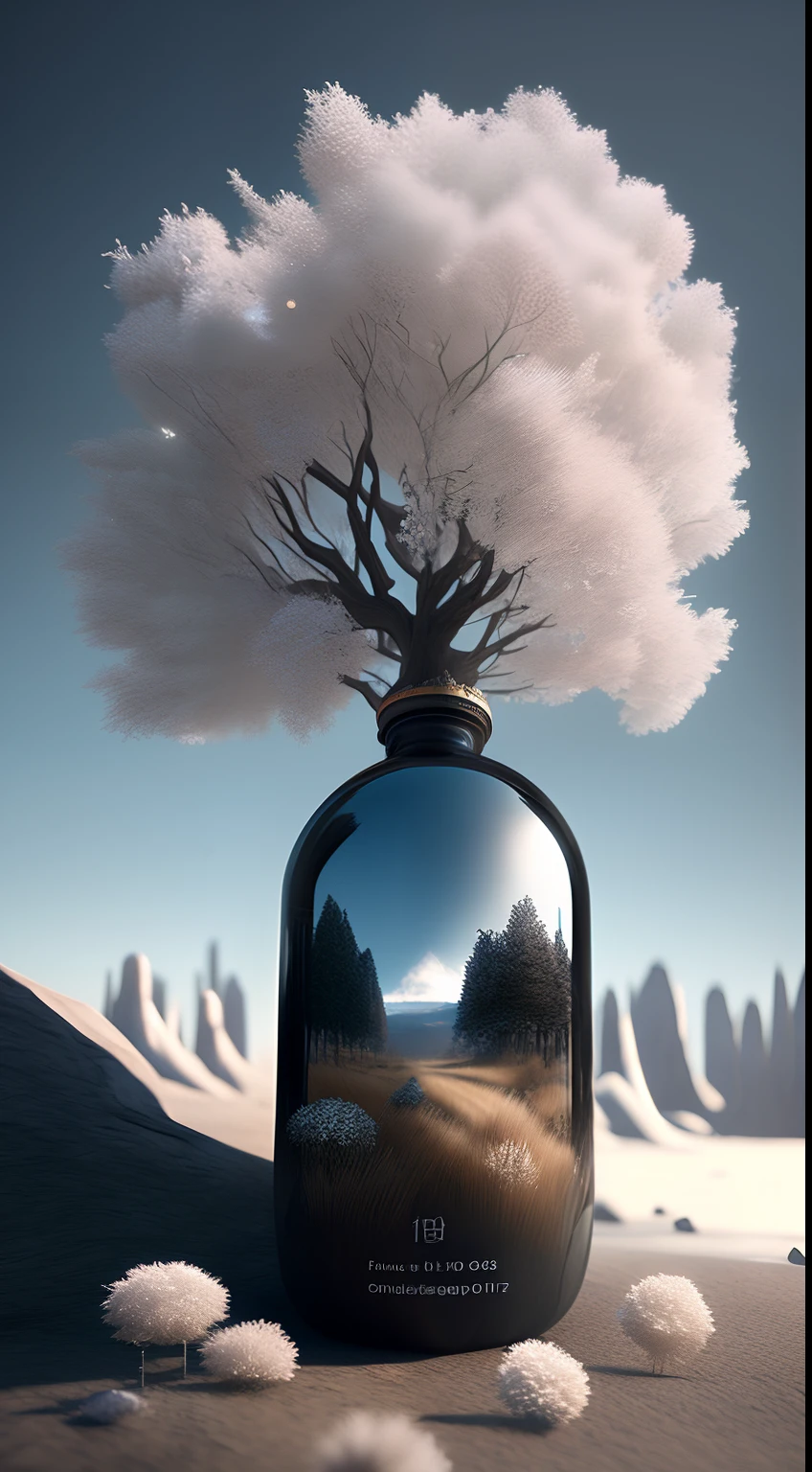 A dreamy tree of art in a bottle, fluffy, realistic, photographs, Canon, dreamy, artistic, brilliant leaves and branches, with flowers above my head. Greg Rutkowski's Ultra Detailed Photo Realism - H1024W 804 | F16 Lens Markers 2:2S 3555mm Film Particles: 1 Lifelike High Resolution Sharp Focus Contrast!! Intricate and detailed atmospheric refractive lighting of Unreal Engine 5 movie concept photography masterpiece Octane renders trends on CGSociety