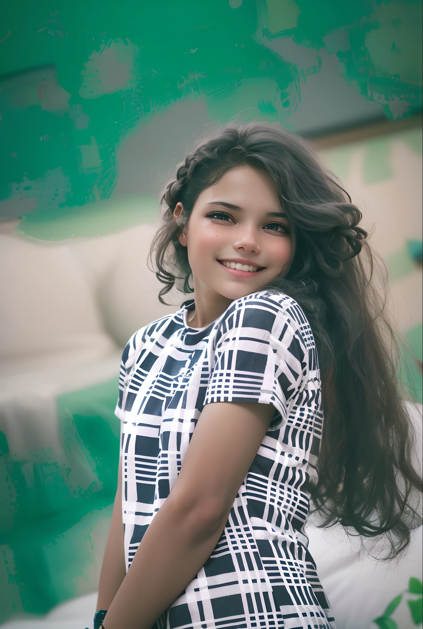 Realistic portrait of a 4 year old girl ((white skin)) cute, lovely smile, ((on bed)), wearing colorful t-shirt and short skirt, fashion, long hair braid, white hair, ((bracelet)), Background child room, medium shot, detailed facial details, perfect face, clarity, trendy art, sharp facial details, super fine details, 4k, 8k lighting smooth, --iso 100 dreamy, stylish--