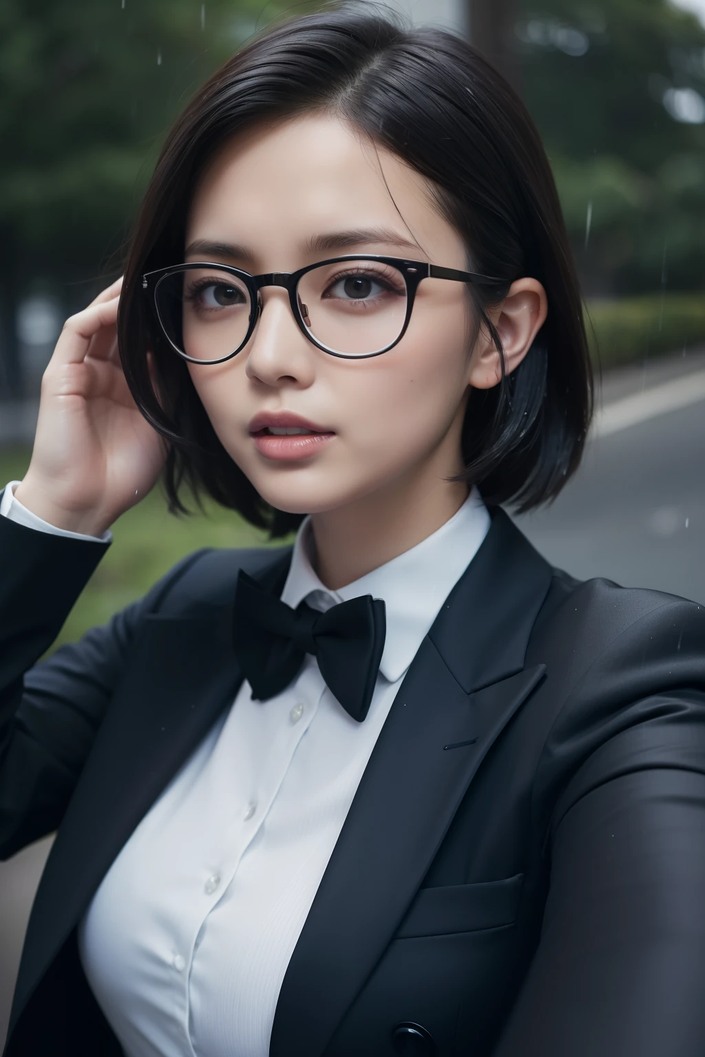 ​masterpiece、8K、Raw photography、（reallistic:1.4）、High-definition mouth、The eyes are high definition、Shiny skin、big eye、Round face,Double eyes、Puffy eyes、Medium-breasted women, （Bob Hair:1.4）、half-opened mouth、Provocative facial expressions、One lady、20yr old, selfee、sad Facial expression、Bold and obscene poses、Hands behind the head、The upper part of the body、Woman with glasses、The lace is blowing in the wind、Woman in suit、Formal、Standing wet in heavy rain、Very wet、Looking up to the sky