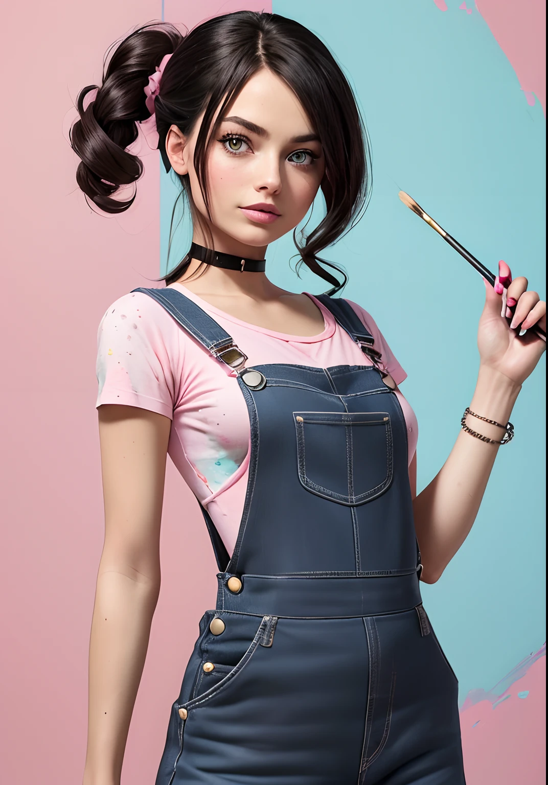 Ultra High Res, High Res (Masterpiece: 1.4), Hyper Detail, 1 17 Year Old Girl Front Looking At Viewer, InboxDollPlaySetChiron Style, ((Medium Shot: 1.7)), No Humans, Doll, Toy, Black_Barbie, Giftboxed, character print, ((black hair)), medium length hair, ((light brown eyes: 1.7)), (((wears detailed pink artist painter overalls and matching accessories: 1.5))), ((bodysuit she is wearing has paint splatters: 1.6) ), ((quite an artist in drawing: 1.8) ), pink sparkles, sparkles, Barbie pink theme, beautiful girly Barbie, full lips, chapped lips, heavy makeup, smoky eyes, detailed eyes, pretty face, 3DMM, style InboxDollPlaySetQuiron, margot robbie,