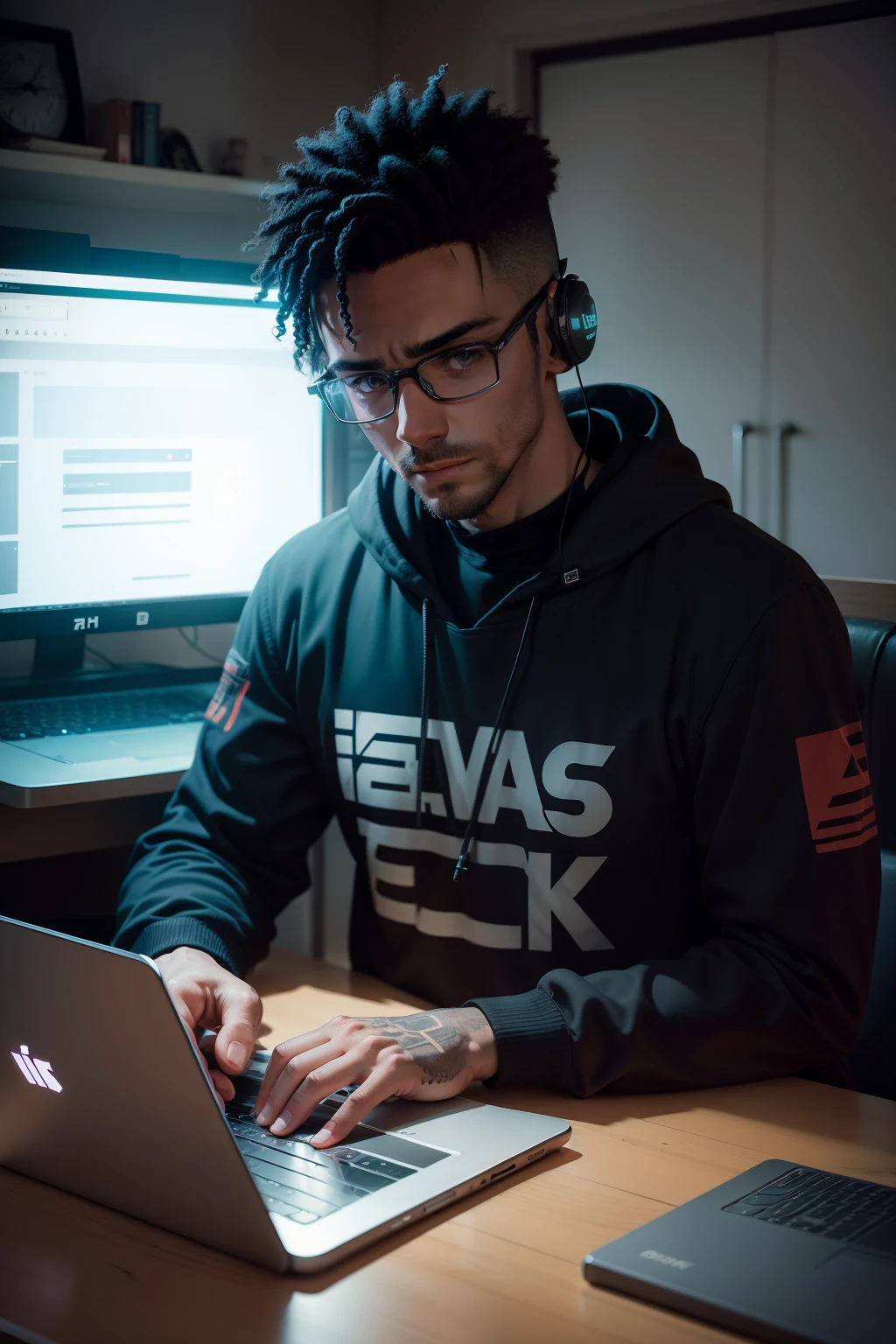 um homem em uma sala cyberpunk trabalhando em Laptop, Fotografia 8k, 50mm f/1.8 lentes, luz natural, nigth hora, alto contraste, studio illumination, nigthlight entrando. fotografia profissional, quarto escuro, neon vermelho de uma casa, mesa do computador, Redfones, home office, um homem vestindo um moletom preto com capuz, Usando fones de ouvido