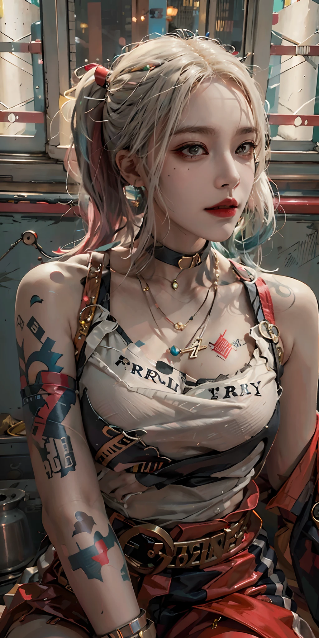 photorealistic, high resolution, soft light,1women, solo, hips up, (detailed face), jewelry, harley quinn, jewelry, tattoo