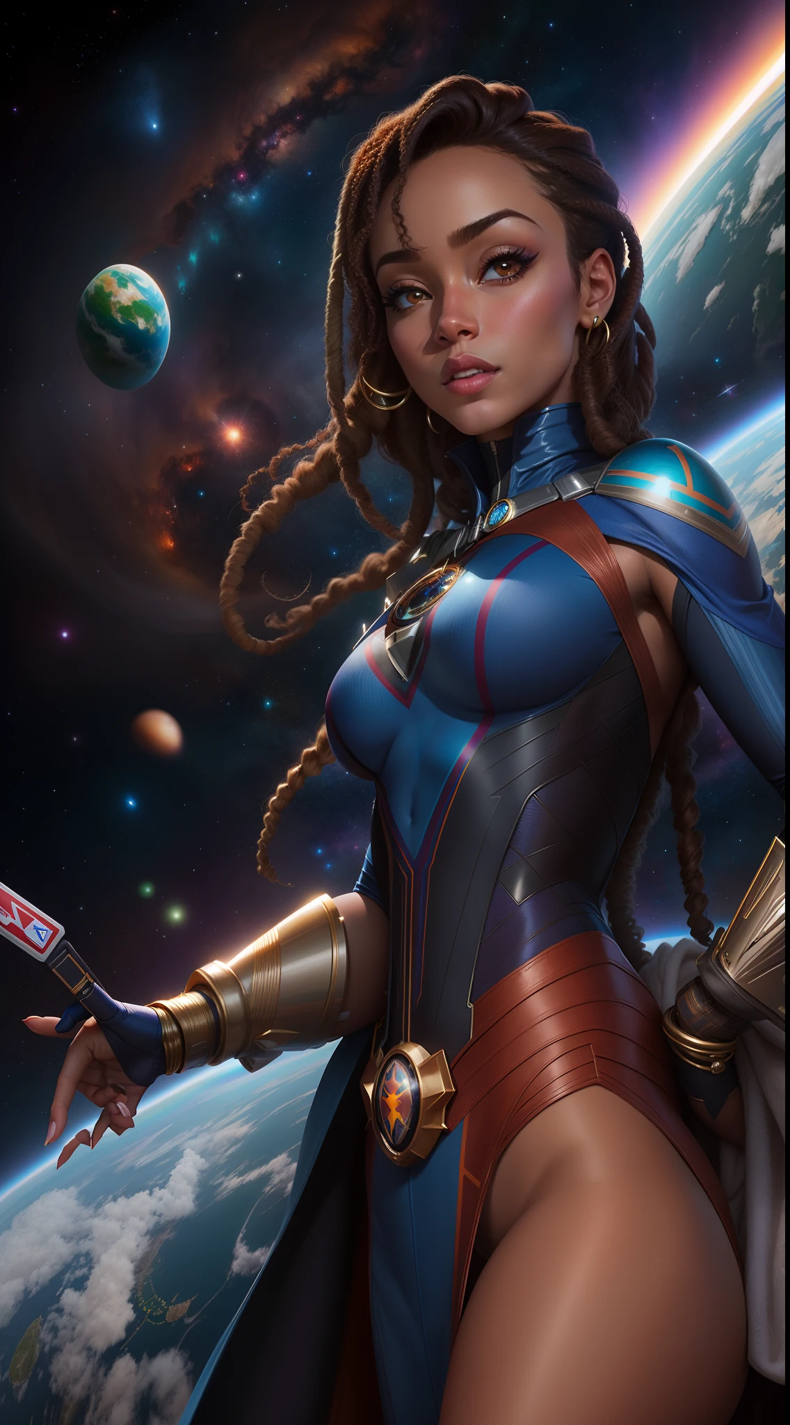 um close up de uma mulher em um traje com uma capa em, Artgerm JSC, powerful woman sitting in space, Artgerm Julie Bell Beeple, nerdy black girl super hero, Artgerm extremamente detalhado, Deusa ciborgue no cosmos, desenhado no estilo de artgerm, Directed by: Juan O'Gorman, em estilo de artgerm, only two legs and hands, only five fingers