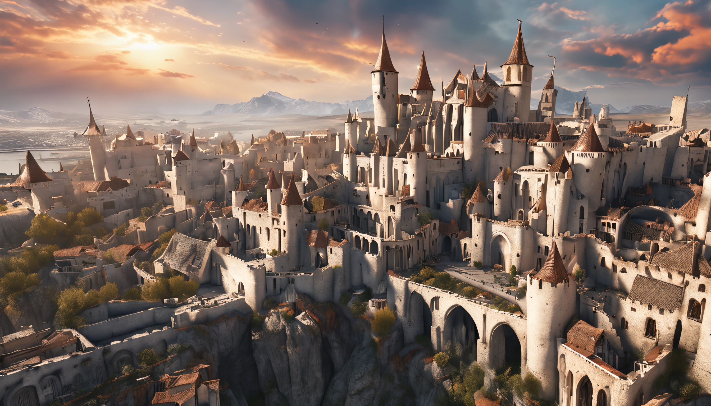 masterpiece, best quality, hd, hyper detailed, epic city, a white glorious medieval city, medieval, fantasy rpg, castle, perfect light, large city, minas tirith, giant dragon, white sky, high bright, ultra hd ::n_blurry, cartoon, poorly drawn