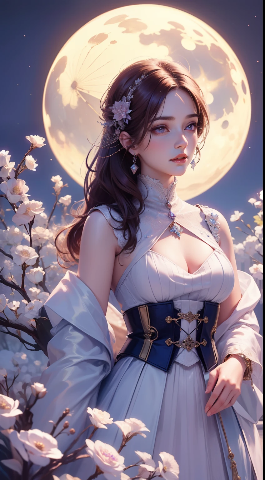 tmasterpiece，Highest high resolution，((themoon))，Dynamic bust of beautiful aristocratic maiden，Brown chestnut hair elegantly coiled，Purple clear eyes，The hair is covered with beautiful and delicate floral craftsmanship, Crystal jewelry filigree，Ultra-detailed details，upscaled，The earth rises。