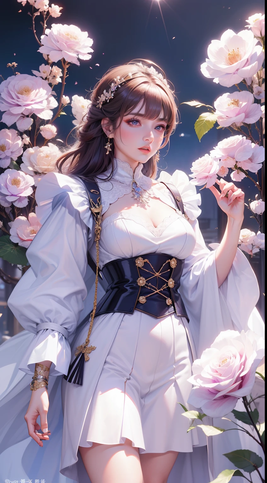 tmasterpiece，Highest high resolution，((themoon))，Dynamic bust of beautiful aristocratic maiden，Brown chestnut hair elegantly coiled，Purple clear eyes，The hair is covered with beautiful and delicate floral craftsmanship, Crystal jewelry filigree，Ultra-detailed details，upscaled，The earth rises。