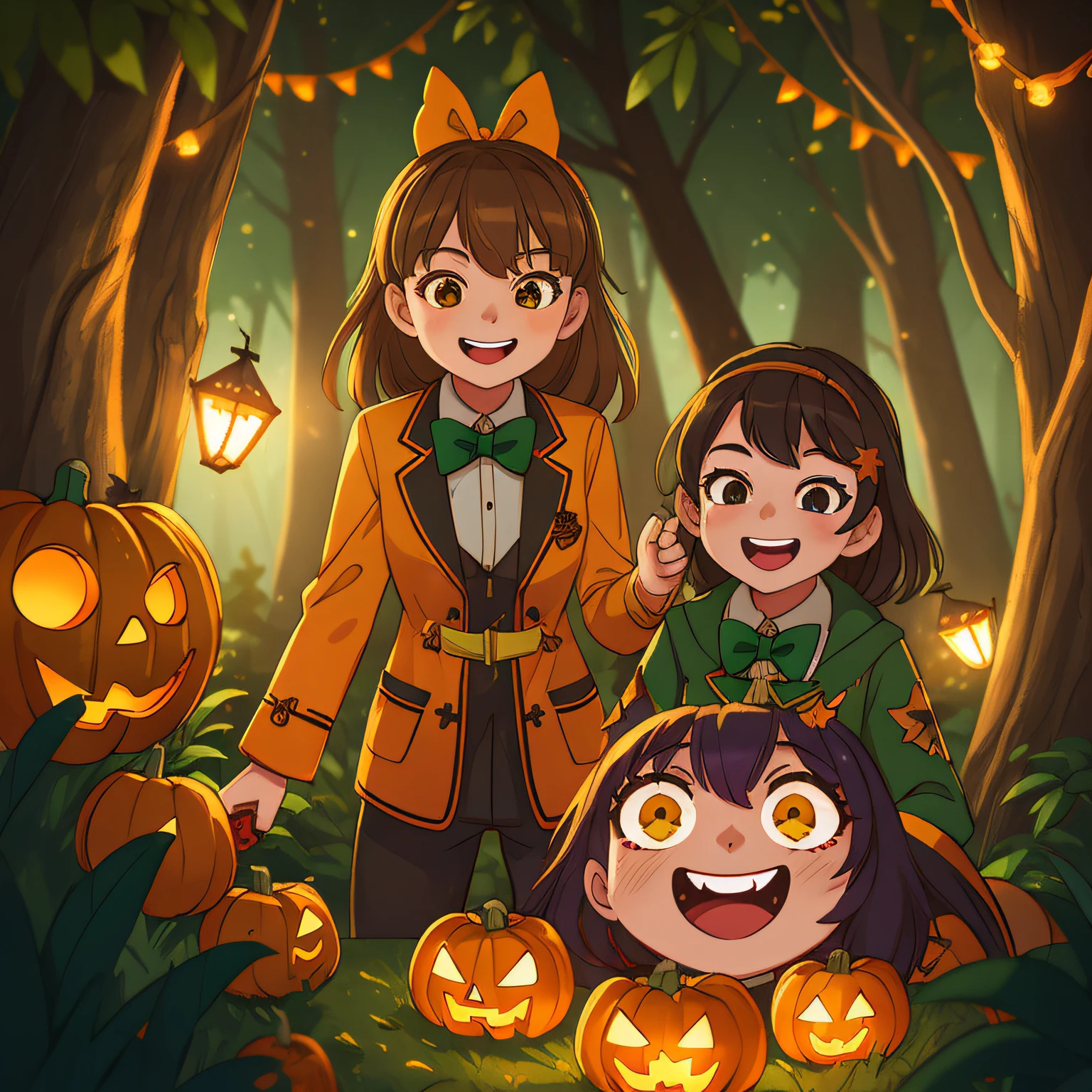 (Best Quality, High Quality:1.3), CG, Dramatic Lighting, Highly Detailed, Bokeh, s, Wearing Halloween Costumes, Evil Eyes, Evil Smiles in Forest