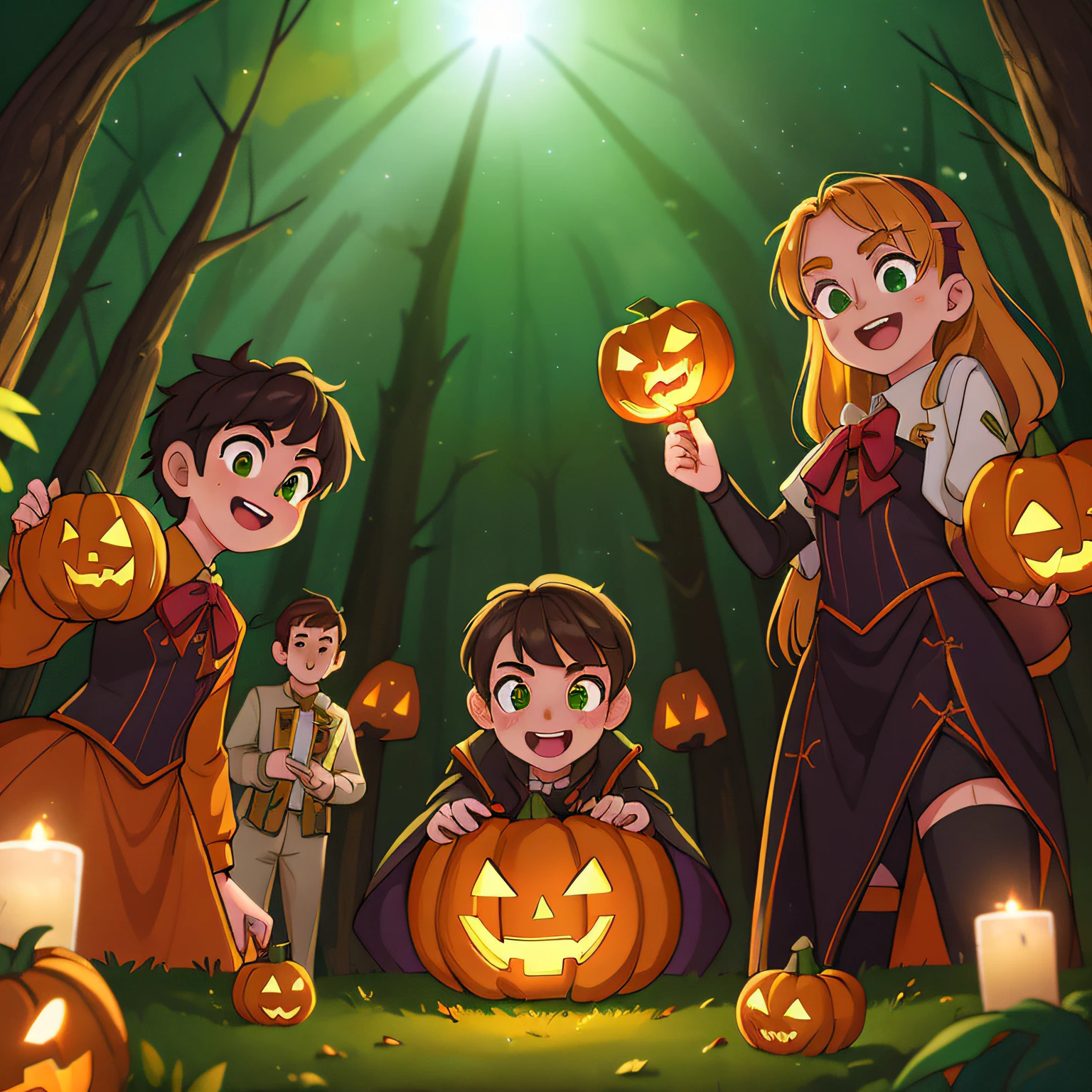 (Best Quality, High Quality:1.3), CG, Dramatic Lighting, Highly Detailed, Bokeh, Group s, Wearing Halloween Costumes, Evil Eyes, Evil Smiles, Eyebrows Raised, In Forest