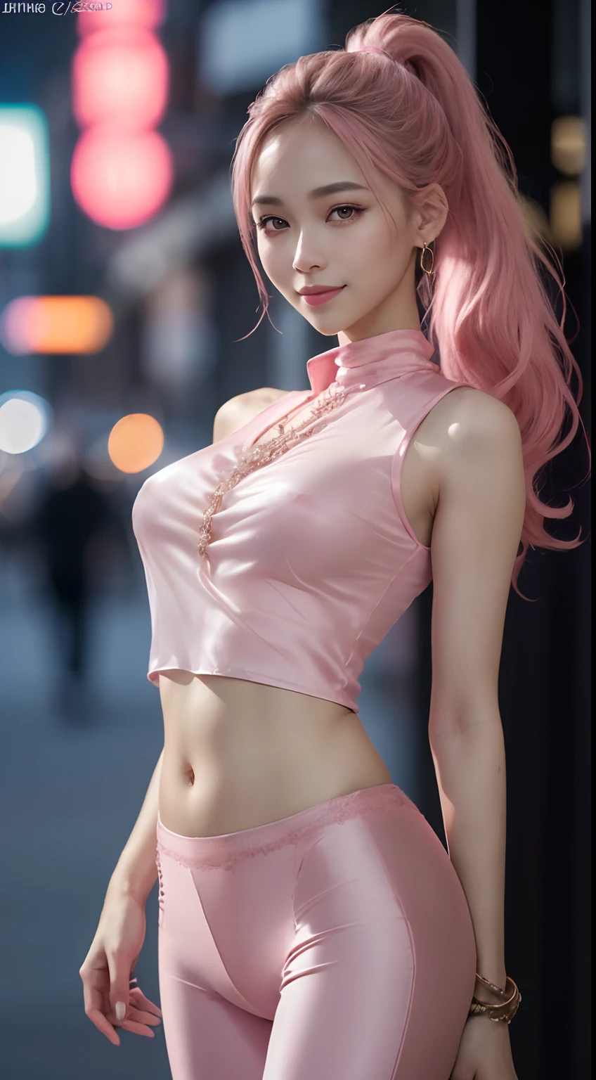 8k, masterpiece, RAW photo, best quality, photorealistic, extremely detailed CG unity 8k wallpaper, Depth of field, Cinematic Light, Lens Flare, Ray tracing, (extremely beautiful face, beautiful lips, beautiful eyes), intricate detail face, ((ultra detailed skin)) 1girl, in the dark, deep shadow, pretty korean girl, kpop idol,(very slim slender fit-muscled body), ((looking at viewer)),(big smile), (fashion city night, (neon sign), (blurry background), midnight, (vacant city), (without people in the background), pretty korean girl, white diamond earrings, dia bracelets, dia necklace, clear eyes, walking , front shot, (pale skin), face forward, (big eyes), ((upper body shot)), ((color laced pants ), (camel toe,  shape),(ponytail) (looking at viewer), medium breasts,((smile)), ((camel toe)), (see through), ((laced top)), ( very slim, medium butts, ((pink color silk pants)), (silk shirts)