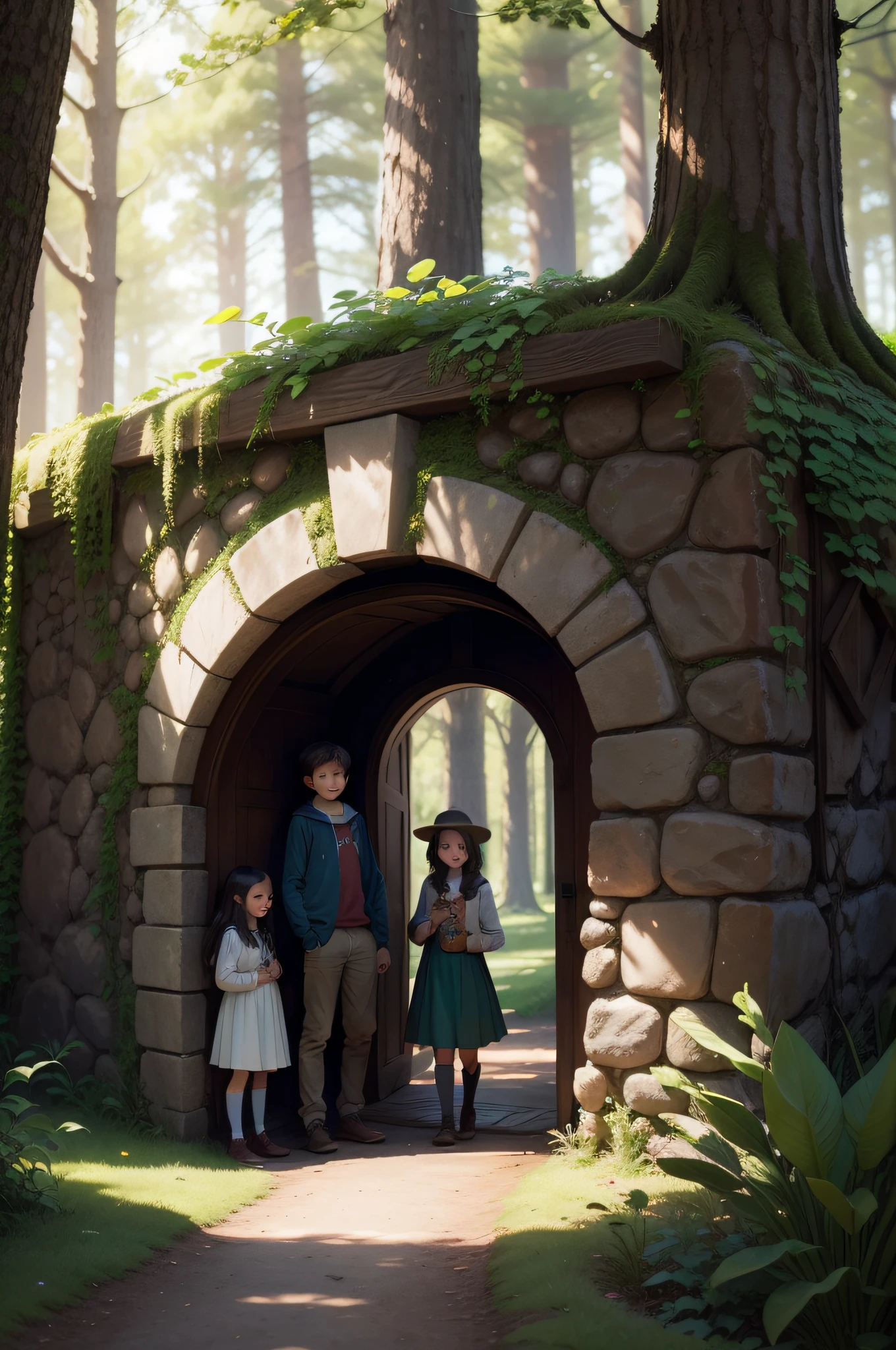 JOHN, Sofia and Laura are three curious children who venture on an unknown trail and come across a mysterious entrance to an enchanted forest. Describe how they explore this magical world, meeting fantastic beings and unlocking secrets that can lead to a legendary treasure.