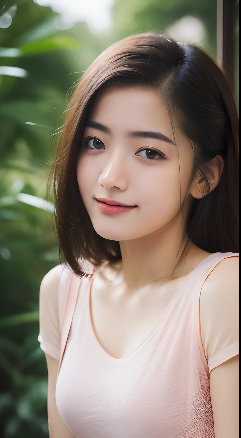 1 Female, Close-up of face, (Firm and beautiful breasts:1.2), Light brown hair, Blunt bangs, Hair behind the ear, Hair that falls over the shoulders, Long Hair, Slim figure, Ultra Fine Face, Thin face, Delicate lips, Beautiful Eyes, Light blush, eyes are light brown, Perfect glowing skin, Perfect Skin, Shining Sweat,Have a look at this, Ultra-thin needle, Very thin fingers, The optimal ratio is four fingers to one thumb, (Realistic:1.3), Finger Extensions, See-through white blouse, Broadleaf Forest, First Person View, fuji film, F/1.2, 8K, Tabletop, Super detailed, high quality, 最high quality, High resolution,