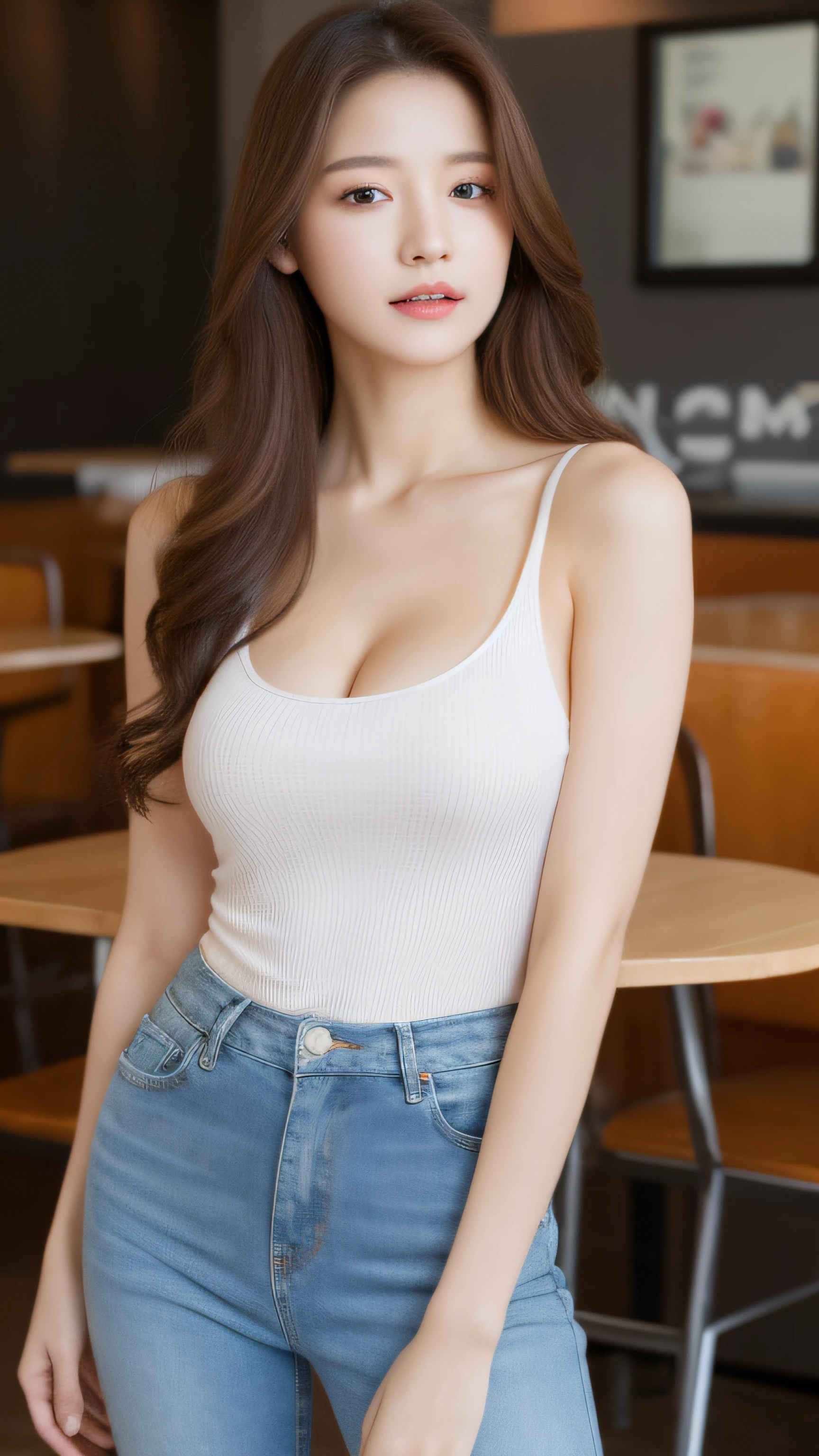 (realistic, high resolution:1.3), 1 girl with perfect figure, super fine face and eyes, long hair, tank top: 1.2 in random colors, short jeans, in a café, coffee on the table, big breasts, exposed cleavage