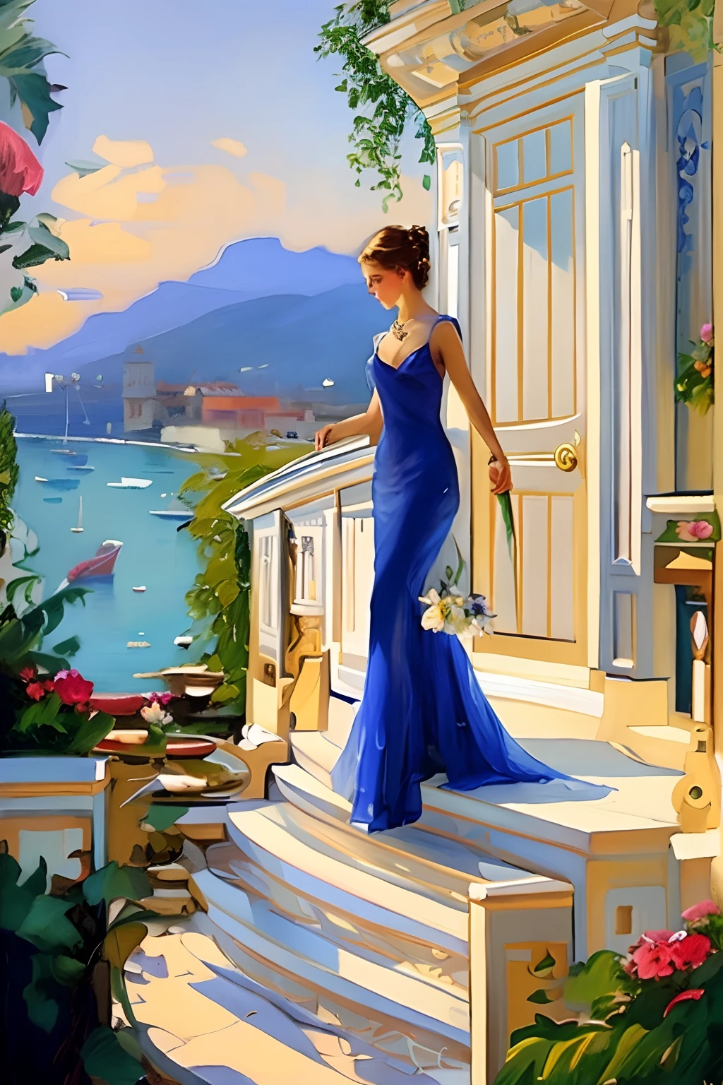 Painting of a woman in a blue dress standing on a set of steps, pintura digital elegante, Arte bonita UHD 4K, Vladimir Volegov, arte digital de um elegante, ( ( Konstantin Razumov ) ), bela arte digital, Pintando Vladimir Volegov, Konstantin Razumov, exquisite digital illustration, inspirado em Evgeny Lushpin