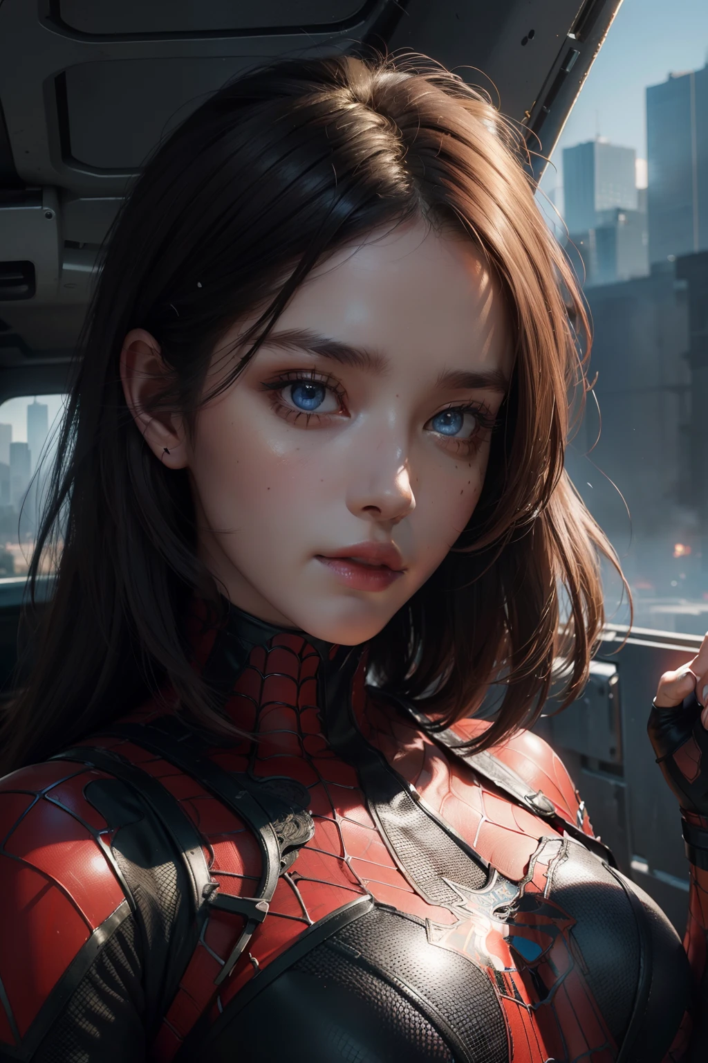 (1girl:1.3), solo, (((extremely detailed face))),(((extremely detailed eyes and face))),beautiful detailed eyes,body-parts__, official art, unified 8k wallpaper, super detailed, beautiful and aesthetic, beautiful, masterpiece, best quality, raw, masterpiece, super fine photo, best quality, super high resolution, photorealistic realism, sunlight, full body portrait, amazing beauty,, dynamic pose, delicate face, vibrant eyes, (from the front), she is wearing a Spider-man suit, red and black color scheme, spider, very detailed abandoned warehouse background, Detailed face, detailed complex busy background, messy, gorgeous, milky white, highly detailed skin, realistic skin details, visible pores, sharp focus, volumetric fog, 8k uhd, DSLR, high quality, film grain, fair skin, photo realism, lomography, huge metropolis in future dystopia, seen from below, translucent