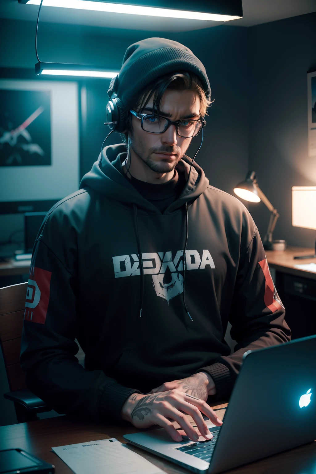 um homem em uma sala cyberpunk trabalhando em Laptop, Fotografia 8k, 50mm f/1.8 lentes, luz natural, nigth hora, alto contraste, studio illumination, nigthlight entrando. fotografia profissional, quarto escuro, neon vermelho de uma casa, mesa do computador, Redfones, home office, um homem vestindo um moletom preto com capuz, Usando fones de ouvido, Alaska