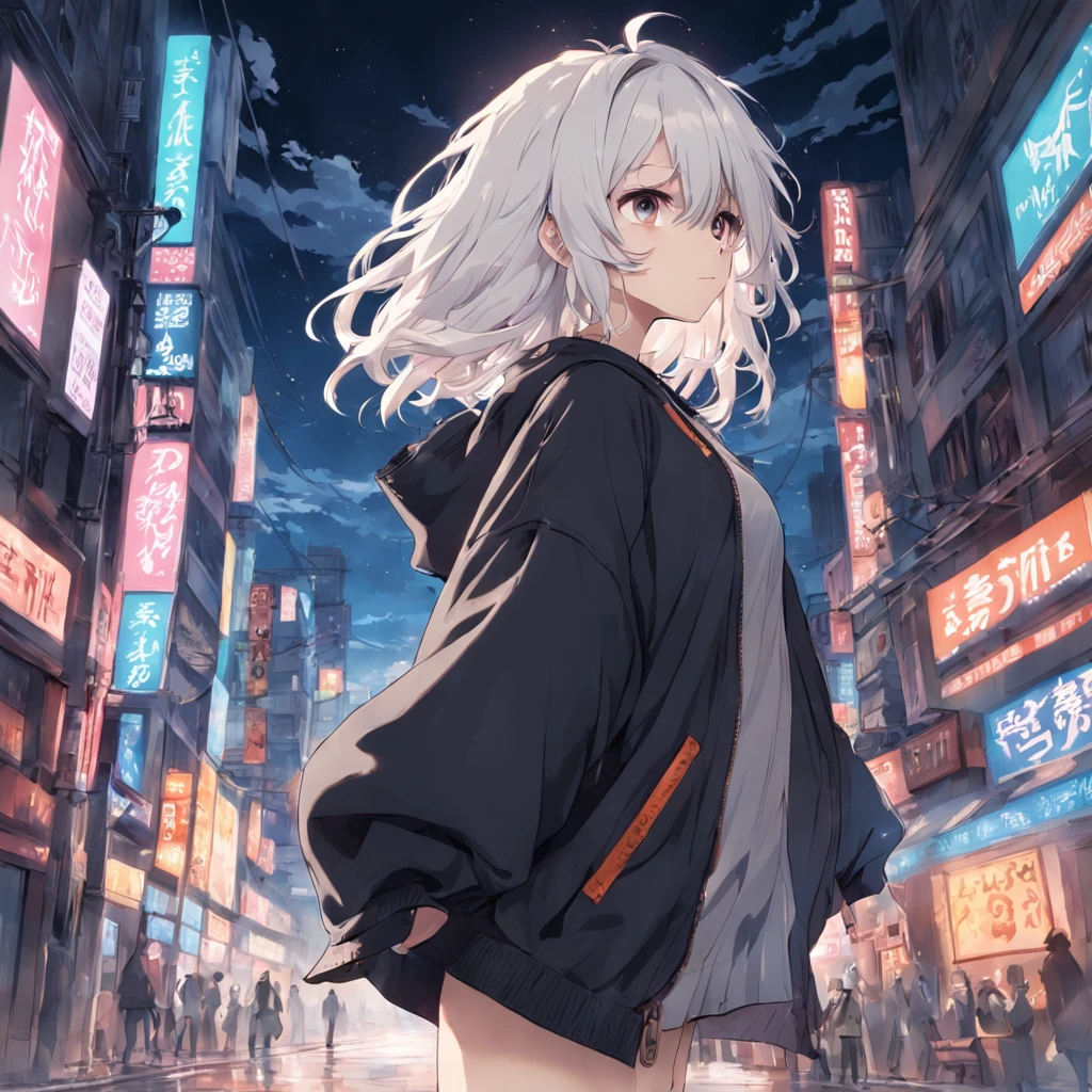 1 boy, platinum hair, wavy hair, baggy clothes, full body, medium hair