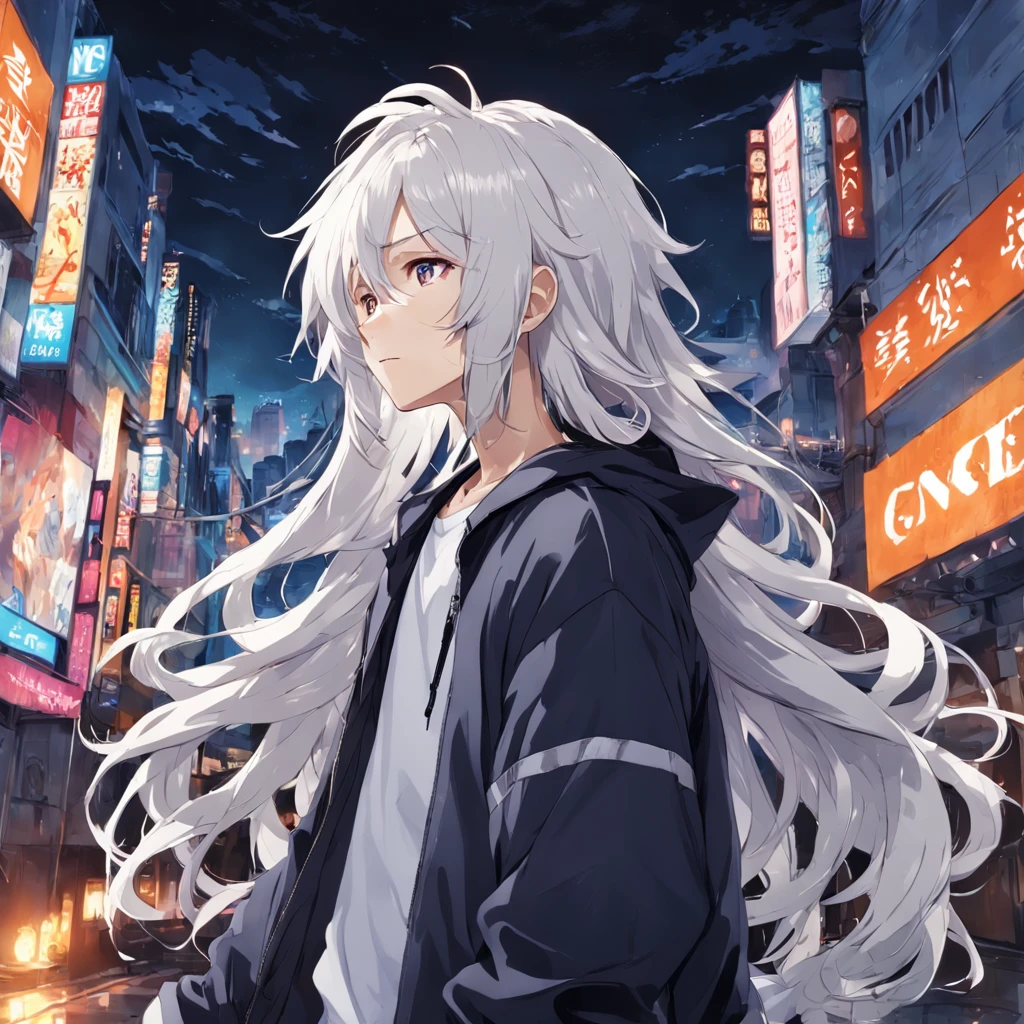 1 boy, platinum hair, wavy hair, baggy clothes, full body, medium hair