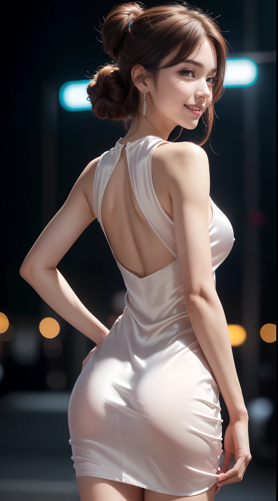 8k, masterpiece, RAW photo, best quality, photorealistic, extremely detailed CG unity 8k wallpaper, Depth of field, Cinematic Light, Lens Flare, Ray tracing, (extremely beautiful face, beautiful lips, beautiful eyes), intricate detail face, ((ultra detailed skin)) 1girl, in the dark, deep shadow, pretty korean girl, kpop idol, 1 girl, (very slim slender fit-muscled body:1.3), ((looking at viewer)),(big smile:1.3), (hot pink color blouse), (sleeveless) , (fashion city night, dark night, (neon sign), (blurred background), fashion street night),(without people in the background:1.3), beautiful earrings, bracelets, necklace, pantyhose, clear eyes, walking, (pale skin), (big eyes), face forward, ((upper body shot)), ((silk color dress:1.3)),(brown hairs),((tight fitting laced dress)), (see through), (looking at viewer:1.3) open breast, very slim, medium breasts, turning back,((back shot)), see through, medium butts, mini skirt, updo hair, (perfect body ratio)