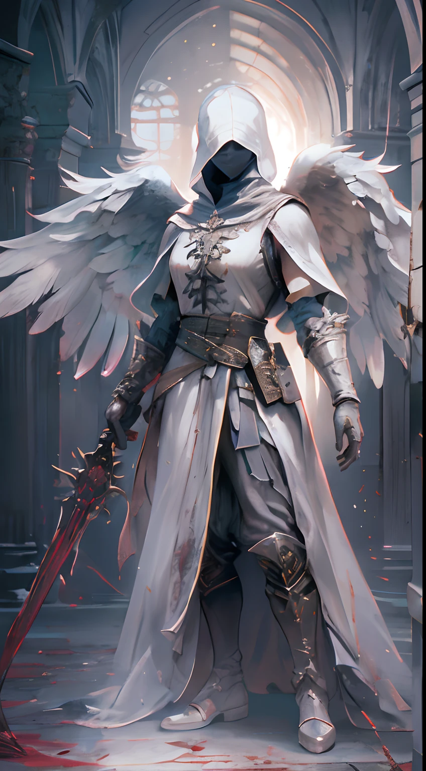 Archangel with white mask stunningly beautiful, Eldon ring, Bloodborne, Full body portrait, Sharp shots, Professional photography, 70mm lense, Love in every detail, Good quality, Unreal Engine 5, the wallpaper, Colorful, Very detailed, 8K, Soft light, Realistic photo