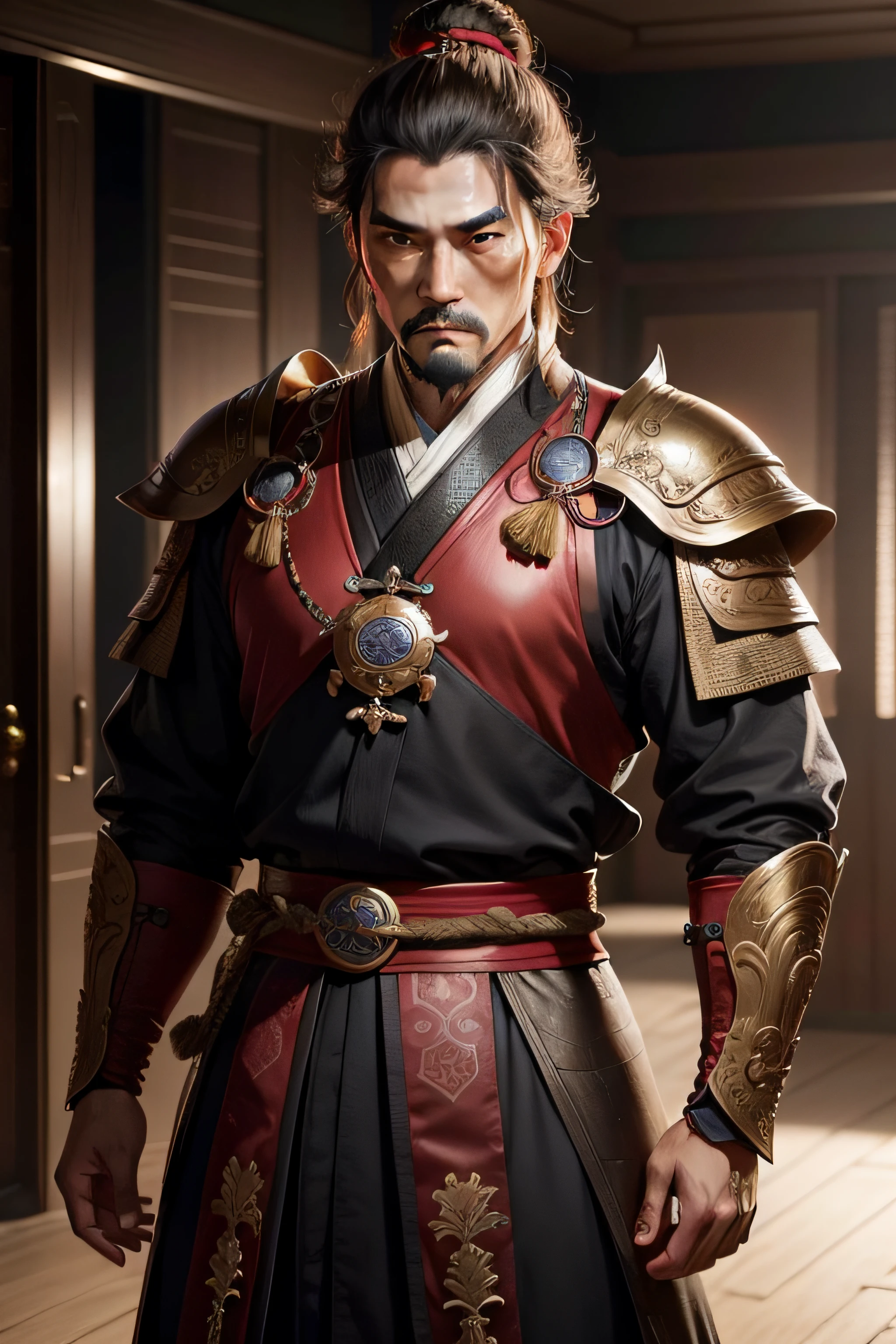 A male nobleman of the Three Kingdoms period,One of them felt a little meany,38yr,Communicate with people,The look of being punched in the left eye,Not particularly realistic,In a safe house,Full body photo