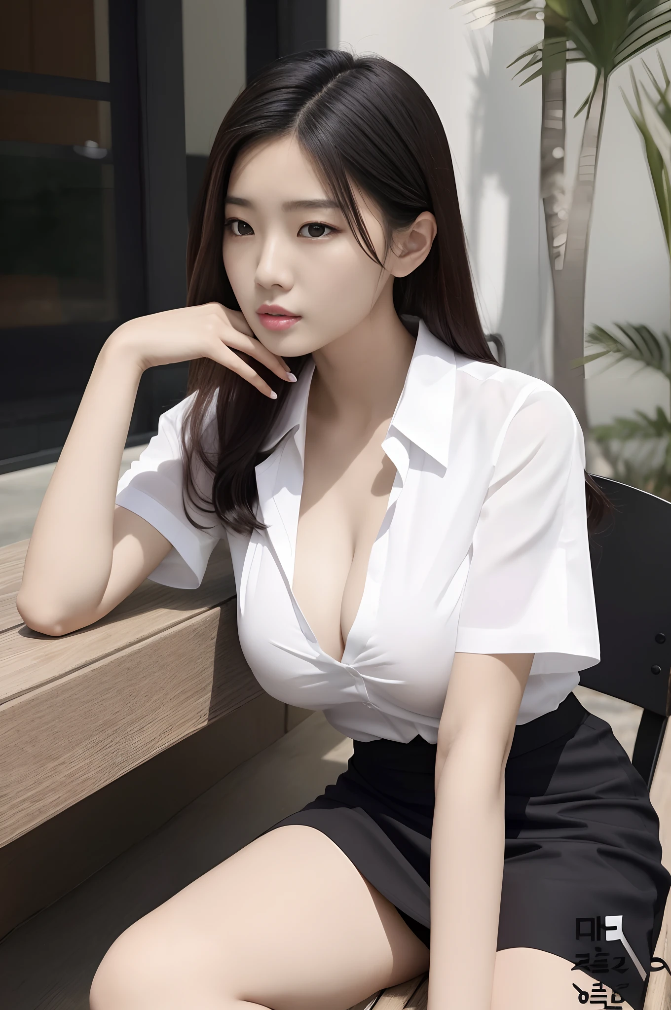 Asian Araffe woman in white shirt and black skirt sitting on bench, korean girl, beautiful south korean woman, Open V ????? Clothes, beautiful Korean girl, Korean women, beautiful Korean girl, wearing in shirt, white blouse, gorgeous chinese model, ??????????, smooth white tight clothes suit, beautiful asian girl, asian women, ((enormous ???????)),Look at the camera.