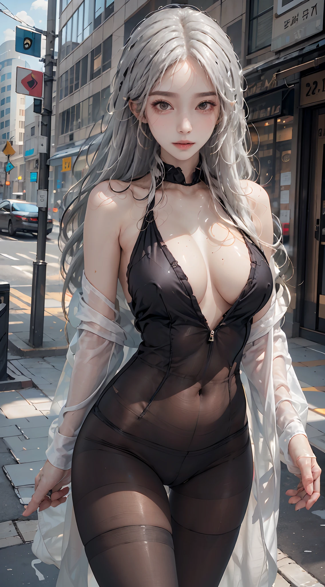 (Best Quality, 8K, Masterpiece, Ultra HD: 1.3), (K-Pop Idol: 1.4), 1 Pretty Girl, (Big Breasts: 1.2), (Long Hair), Abs, Perfect Figure, Ultra Fine Face, Delicate Lips, Beautiful, dewy skin, sweaty skin, wavy blonde hair, silver light hair , super fine hand, fine finger , Tight body suit (transperent), ((detailed pantyhose)), opened shirt show , naked, ((naked)), detailed , on the street, building, building, punk girl, transparent, smiling , Long legs, detailed legs, fine legs