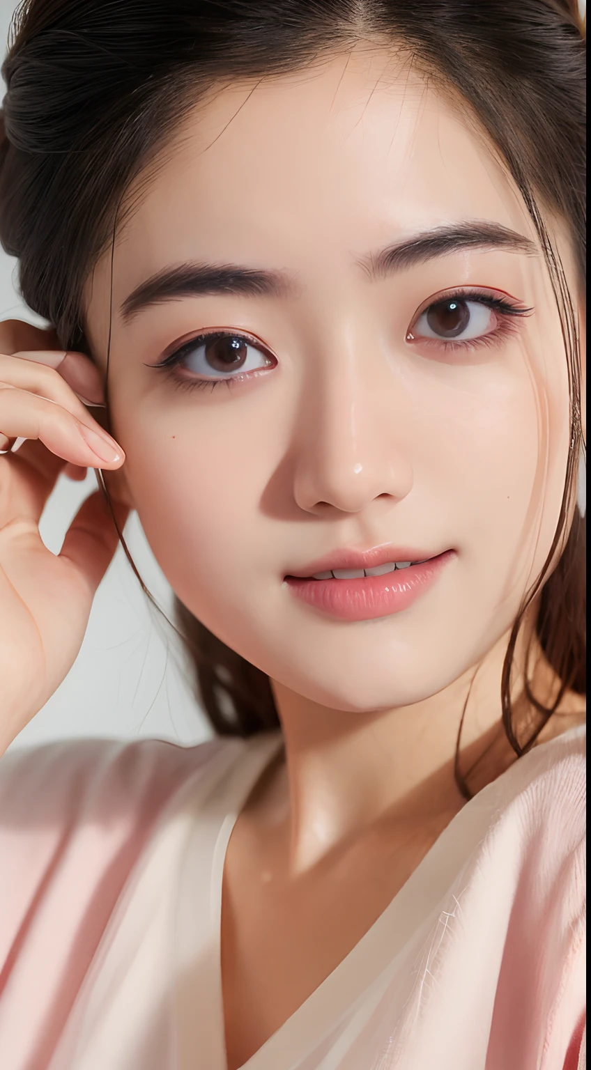 ((Best picture quality, 8K, tmasterpiece:1.3)), 1girll, Beautiful woman with slender abs:1.3, (Casual hairstyle, Leaky smallbreasts:1.2), pink t shirt，Super large，Ultra-fine face, A detailed eye, 二重まぶた，ssmile，Home，The figure is good，tiny small waist，Small breasts，Close-up，White-skinned，The background is casual，Close-up Shot Shot