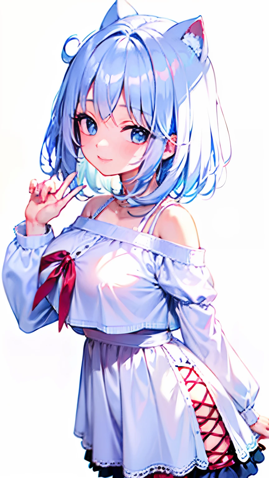 (8K、4K、Top image quality、hight resolution、超A high resolution:1.1)、(masterpiece、realisitic、Photorealsitic:1.1)、petite short stature、Yg and cute idol smile、(Huge breasts)(Clothed big breasts , Loli breasts,a miniskirt)Raw feet、Double piece with hands raised (White plain clothes ,Shoulder knitting,)