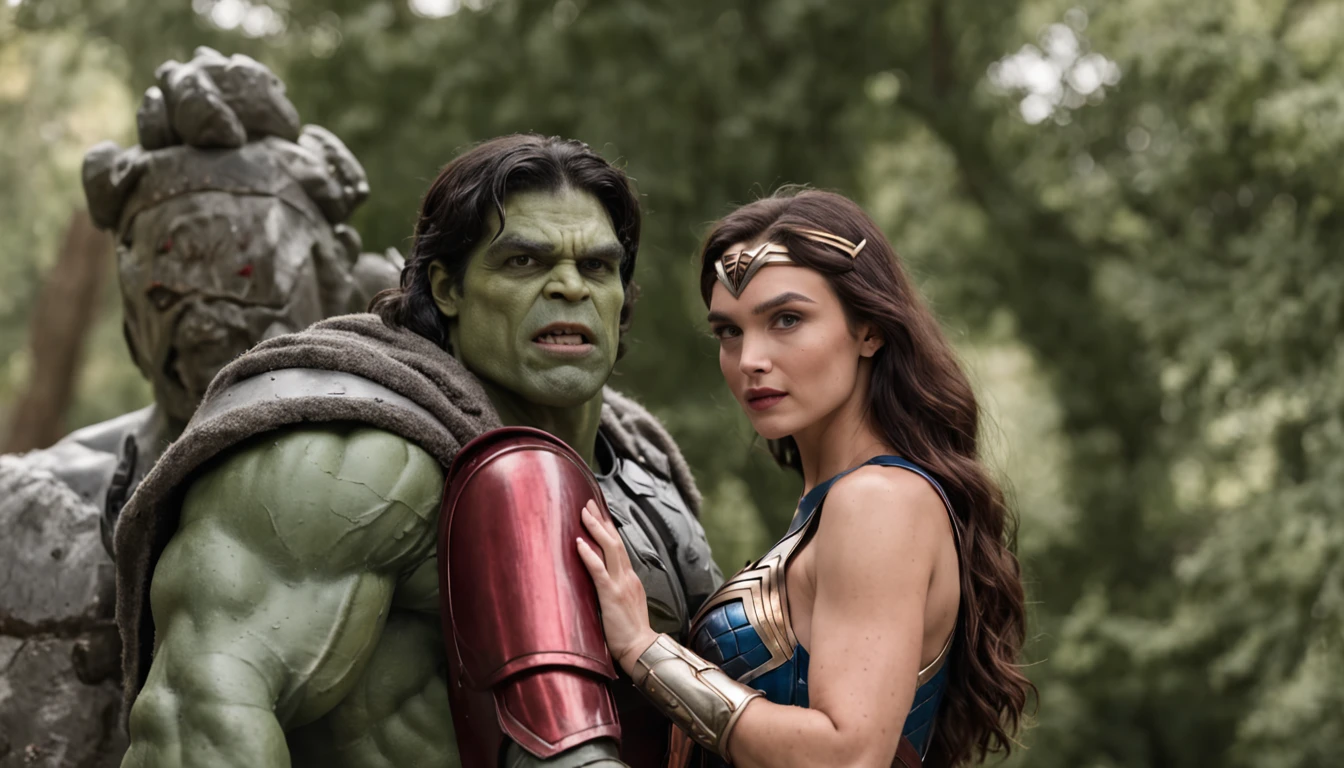 The Wedding of the Incredible Hulk to Wonder Woman, The two imposing figures stand under a large floral arch, The Incredible Hulk's green skin contrasts with Wonder Woman's vibrant armor, surrounded by a lush garden filled with mythical creatures, radiating a atmosphere of love and celebration.