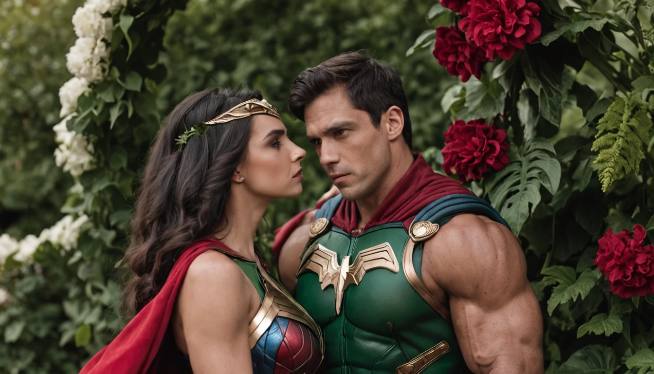 /imagine prompt: The Incredible Hulk and Wonder Woman's Wedding, the two towering figures stand under a grand floral arch, Hulk's green skin contrasting with Wonder Woman's vibrant armor, surrounded by a lush garden filled with mythical creatures, radiating an atmosphere of love and celebration, Illustration, watercolor and ink on paper,