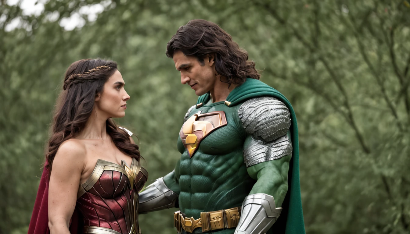 The Wedding of the Incredible Hulk to Wonder Woman, The two imposing figures stand under a large floral arch, The Incredible Hulk's green skin contrasts with Wonder Woman's vibrant armor, surrounded by a lush garden filled with mythical creatures, radiating a atmosphere of love and celebration.