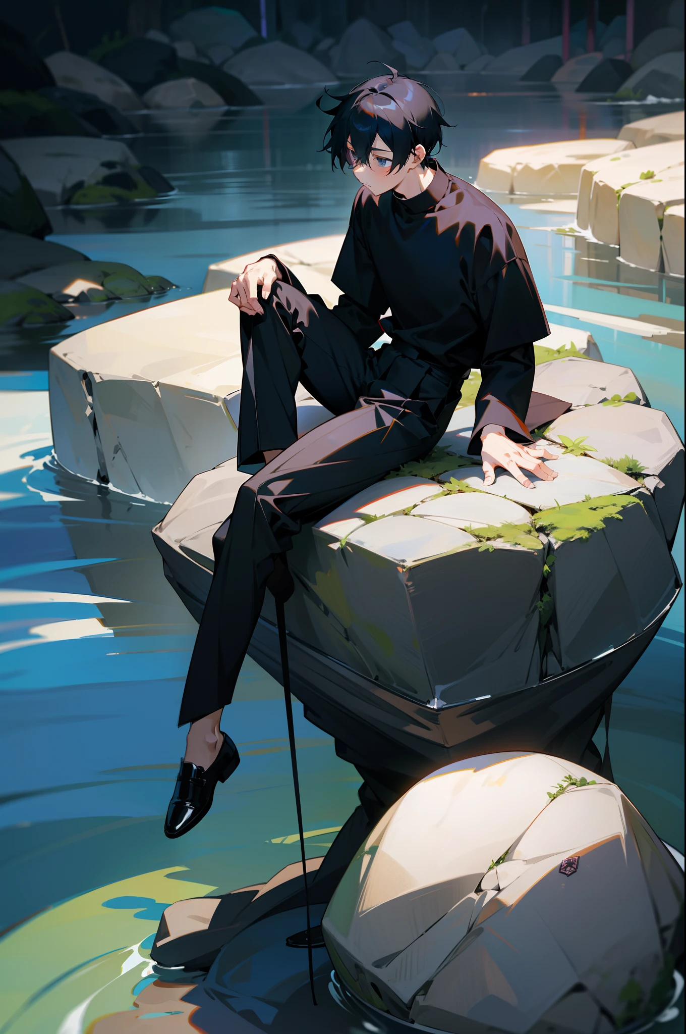 Anime boy side full body 1 man sitting cross-legged on a large rock, wearing a long-sleeved shirt, holding a stone in his hand, wearing black loose pleated trousers and black cloth shoes underneath