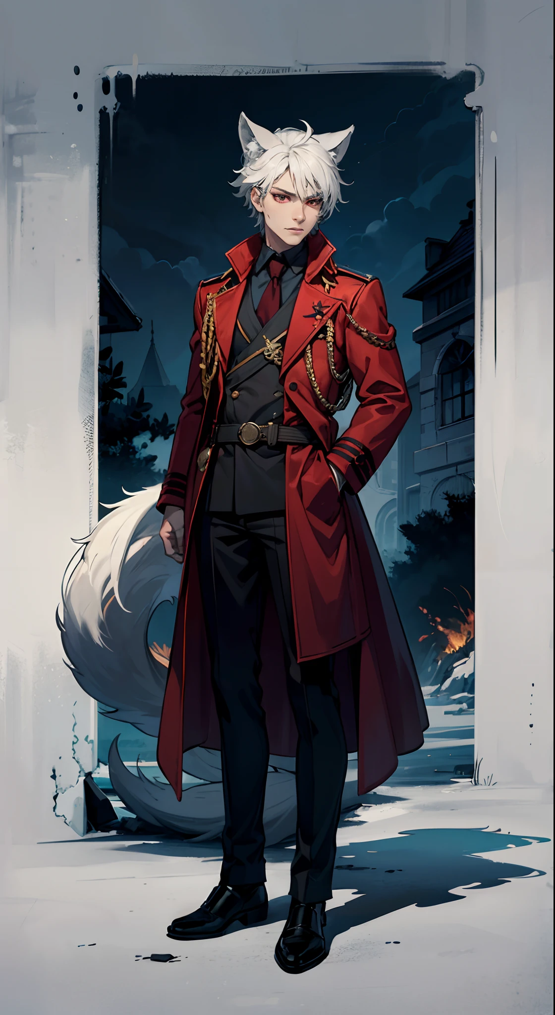 1boy, white hair, red eyes, black coat, young, military capped hat, ((big sharp wolf ears)), wolf tail, full body view, dark atmosphere, ultra masterpiece, hd, close view