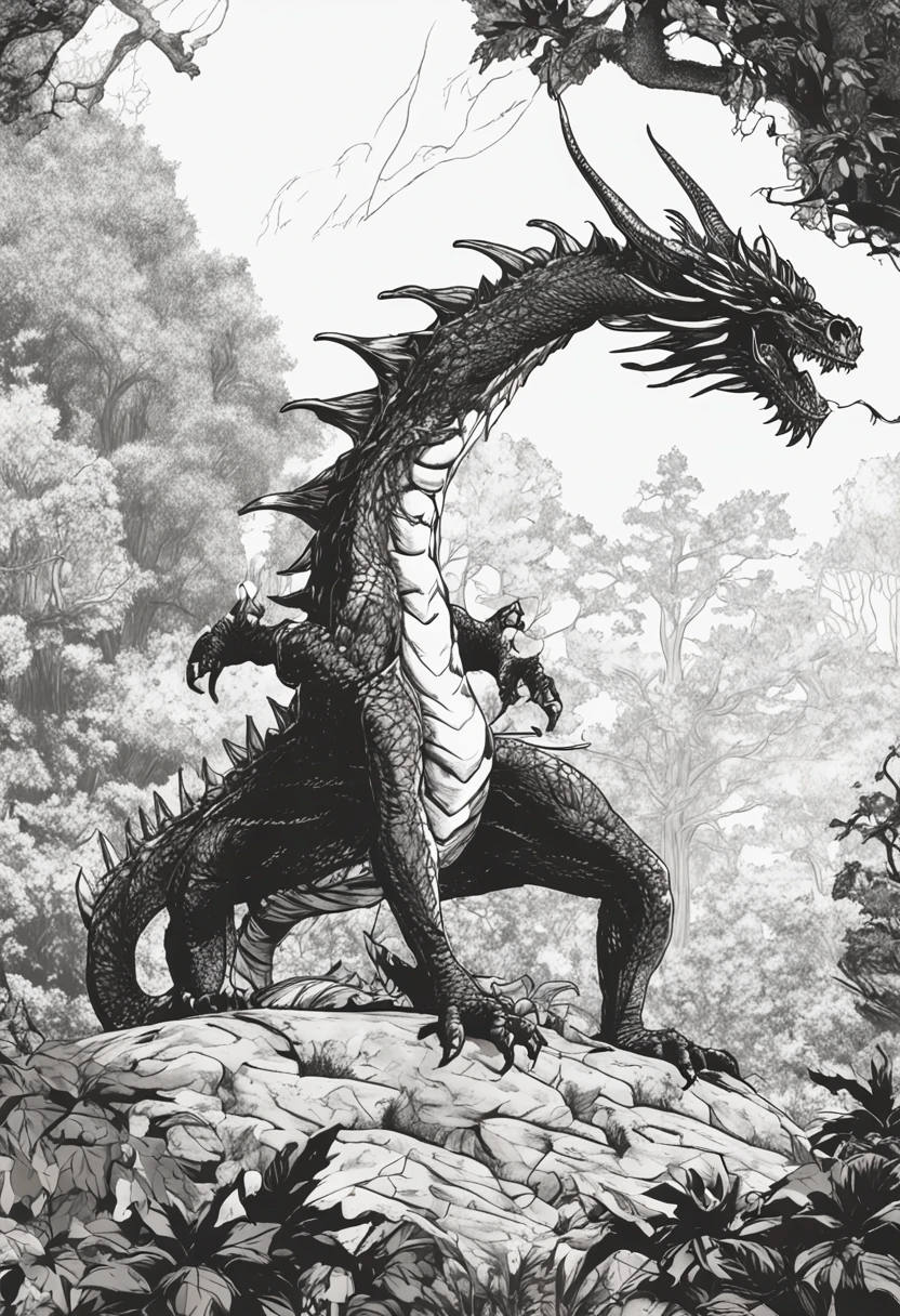 Dragon D style&D envolto em sombras, Dragon all in the shadows, olhos brilando, raiva, mystery, among the trees, imagem preto e branco, simulando arte nanquim, dash image , imagem misteriosa, sombreamento bico de pena, floresta escura, as a panel of manga comics, Manga Drawing, Manga shading, 4k, desenho de terror, ((Whole dragon in the shadows)), FAntasia Medieval, ARte em Preto e Branco