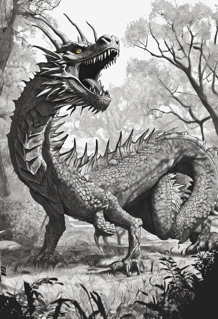 Dragon D style&D envolto em sombras, Dragon all in the shadows, olhos brilando, raiva, mystery, among the trees, imagem preto e branco, simulando arte nanquim, dash image , imagem misteriosa, sombreamento bico de pena, floresta escura, as a panel of manga comics, Manga Drawing, Manga shading, 4k, desenho de terror, ((Whole dragon in the shadows)), FAntasia Medieval, ARte em Preto e Branco