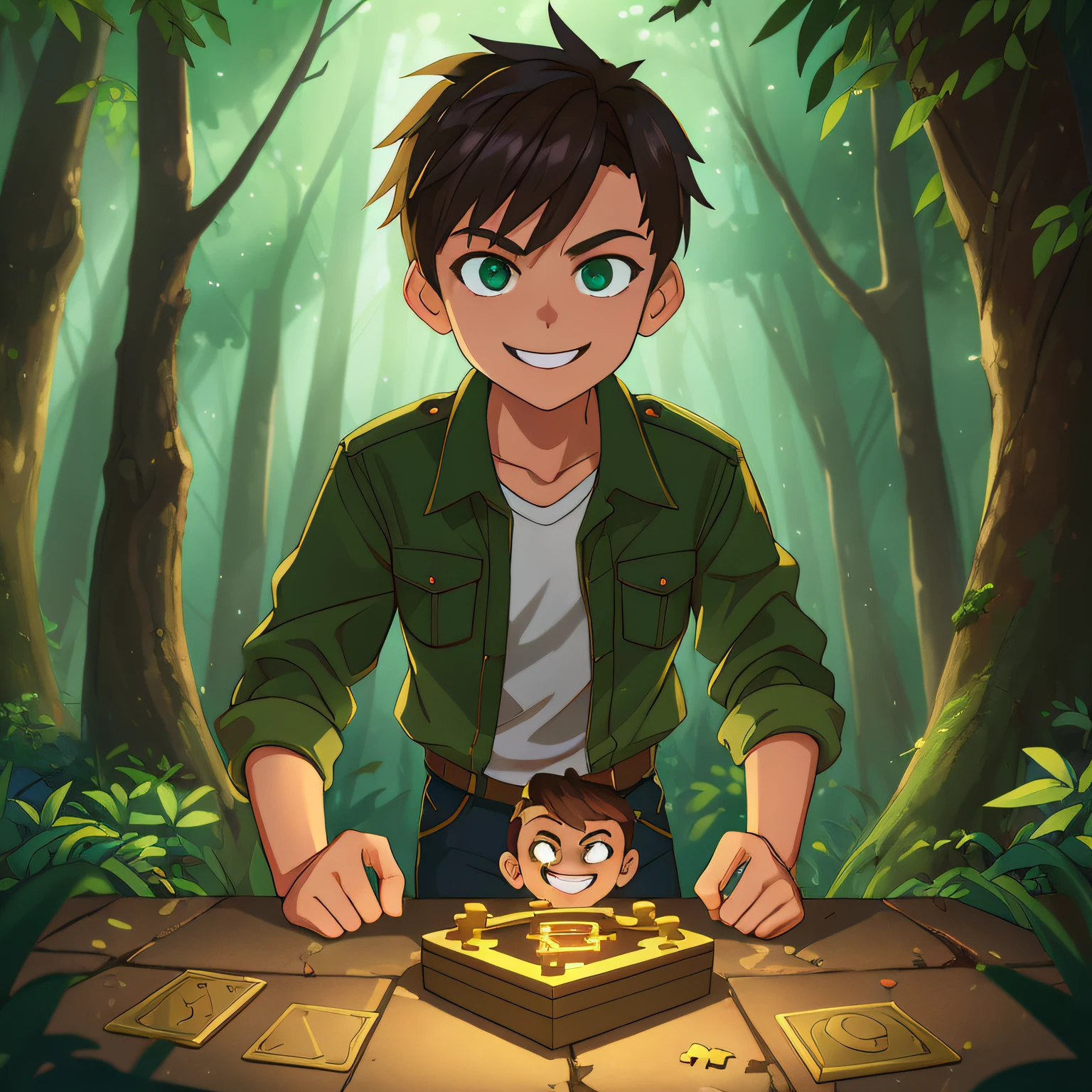 (Best Quality, High Quality:1.3), CG, Dramatic Lighting, Highly Detailed, Bokeh, One Max Boy, , Evil Eyes, Evil Smile, Puzzle Solving, In Forest