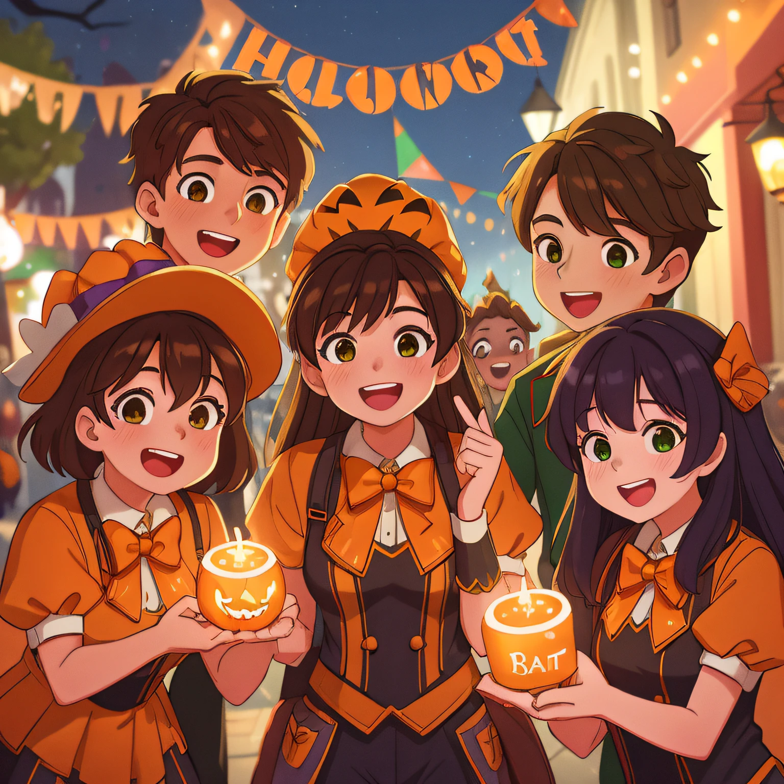 (best quality, high quality:1.3), CG, dramatic lighting, highly detailed, Bokeh, Group of 15 year olds, Wearing Halloween costumes, Kind eyes, Smiles on faces, Celebrating in town square