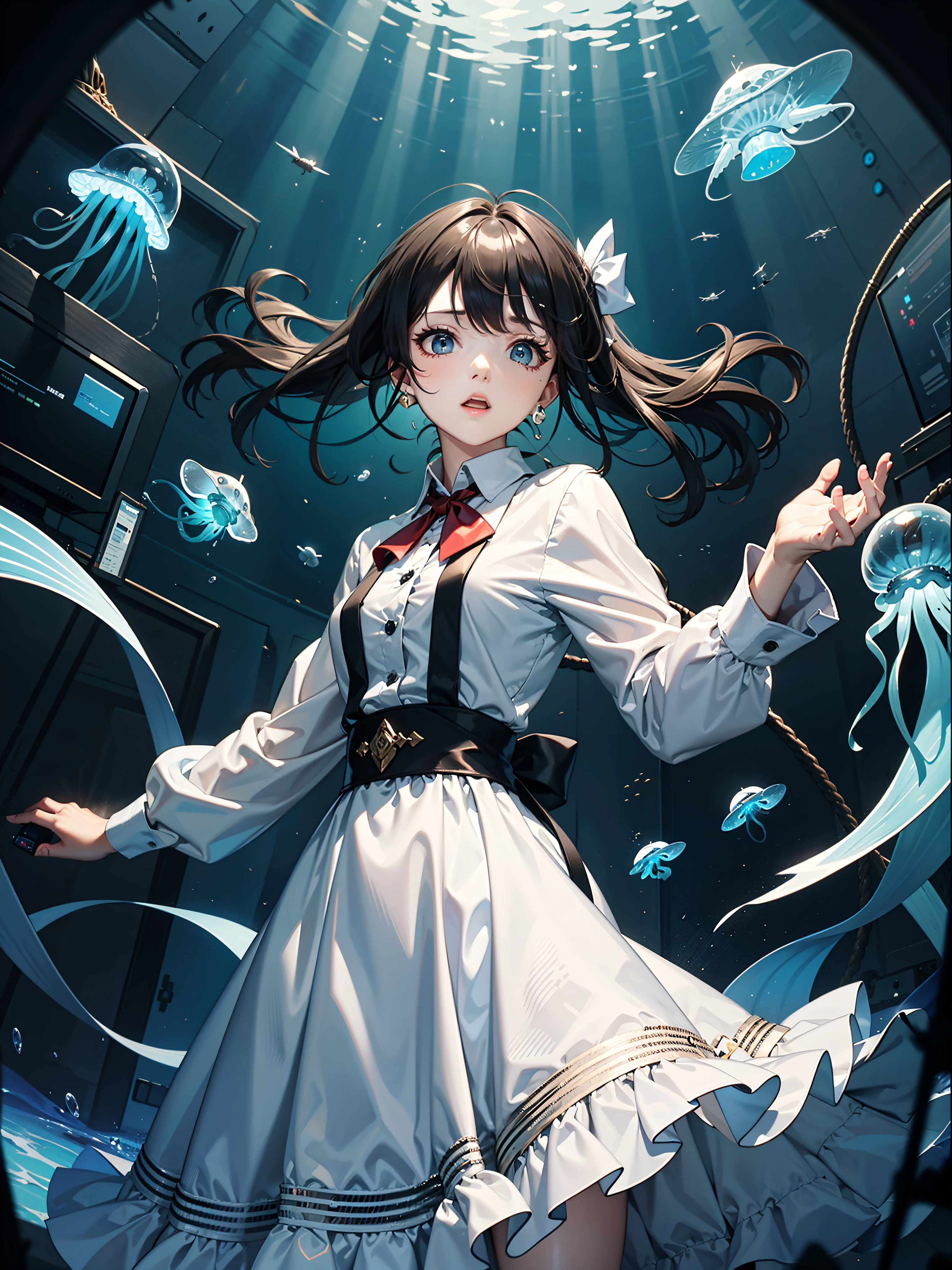 （（tmasterpiece））， （1girll）， （sci-fi themed：1.3）， （jelly fish：1.1）， （offcial dress：1.2）， （abyssal ）（Beds：1.1）， （Participate in expression）， （Defensive posture）， （Meticulous medical laboratory background1.2）， （deepwater）（Mechanobiology）， （gel）， （Floating swarms of jellyfish：1.3）， （Machinary：1.1），（Surprise 1.1），（Dim light 1.1），（Black color hair），（Very long sleeves 1.5）

The girl moaned in pain，ECG ticking and echoing in the lab，She cut off all control signals，An electrocardiogram sounds an alarm，Heralding the death of a young girl。